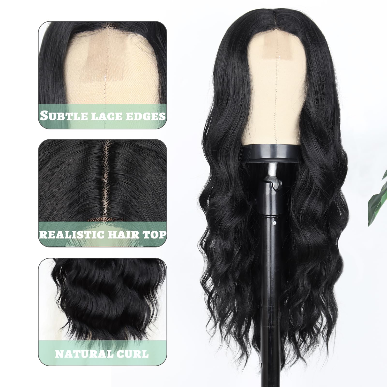 WERD Long Black Wavy Wig for Women - 26 Inch Synthetic Lace Front Curly Wig, Natural Looking Black Hair for Daily Use