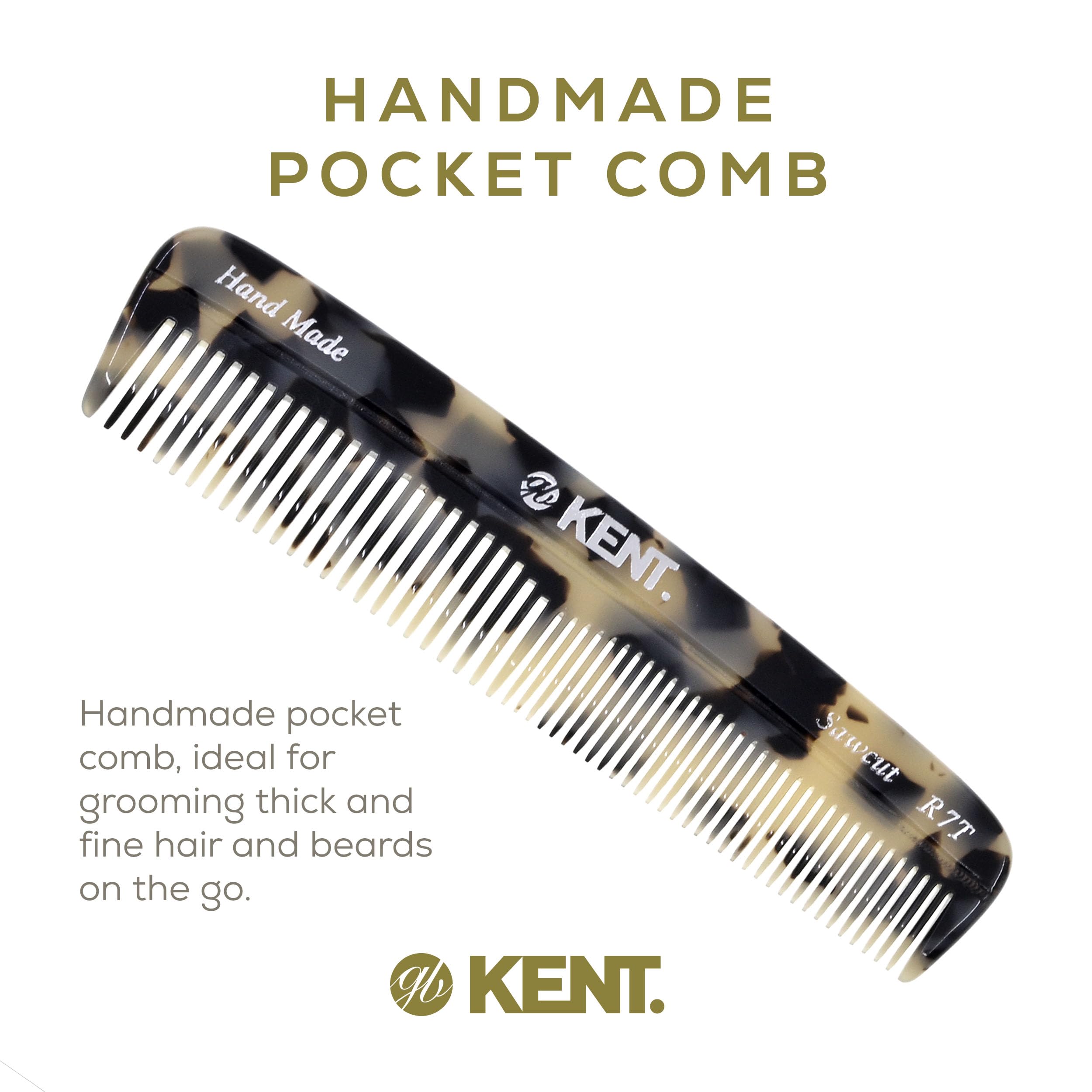 Kent R7T Tw Fine And Wide Tooth Hair Comb - 5.1'' Handmade Pocket Comb For Men, Best Beard Comb And Mustache Comb For Everyday G