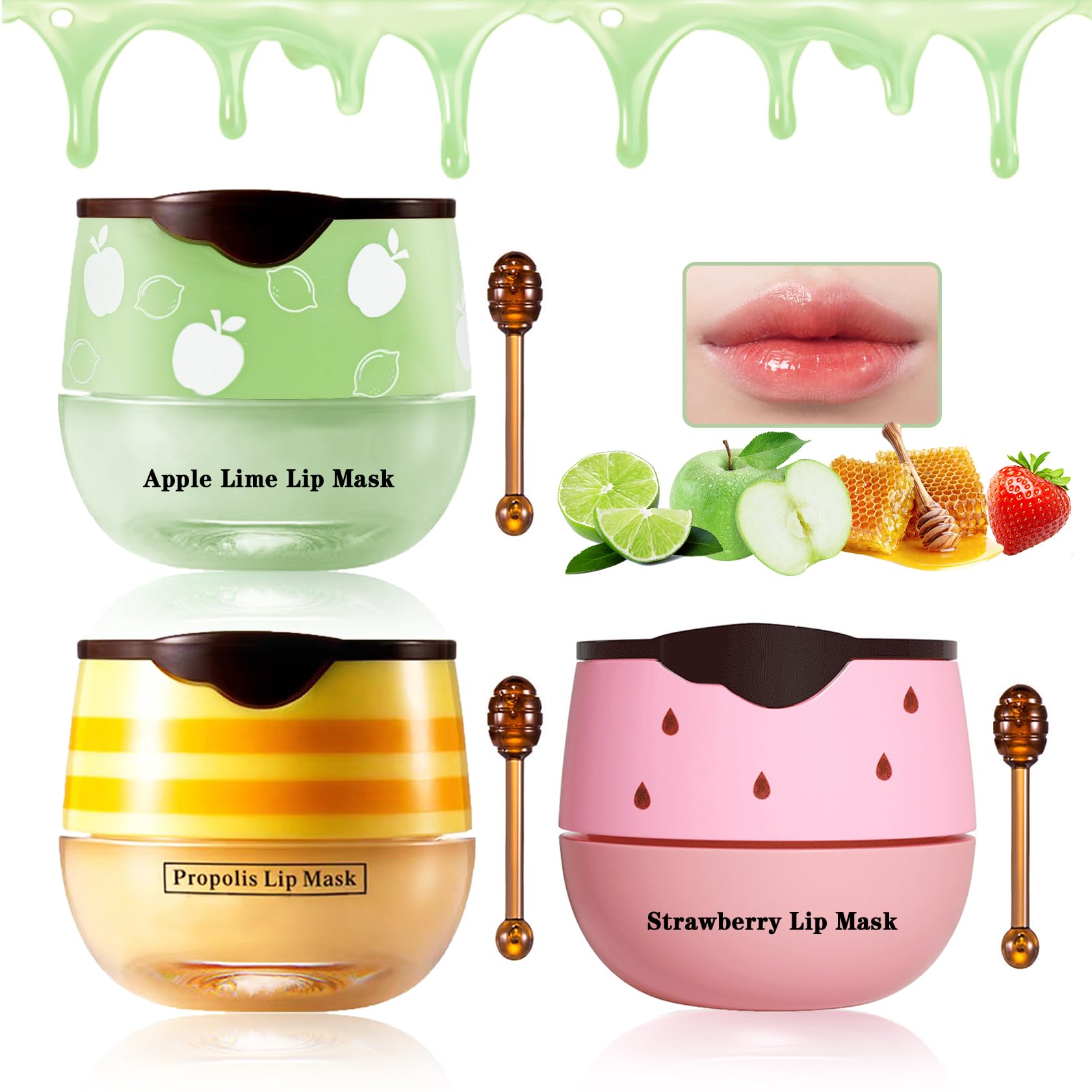 XINGXYUEL 3PCS Bee Lip Balm Honey Pot Honey Strawberry Apple Lip Balm Sleeping Lip Mask Silky Hydrating Bee Lip Balm Lip Mask Ov