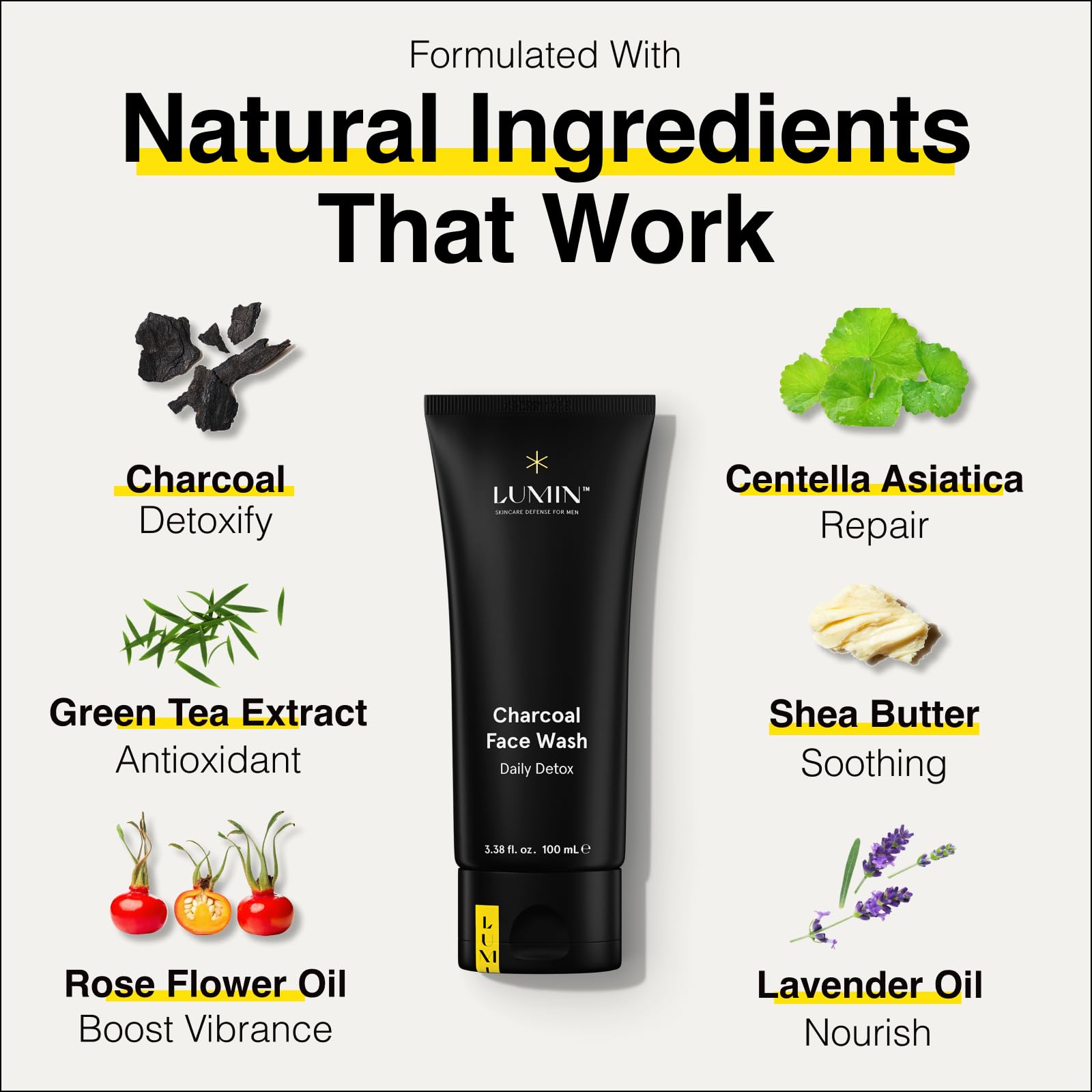 Lumin Charcoal Face Wash For Men Skincare - Daily Detox, Hydrating Face Cleanser, Removes Impurities, Exfoliates, Unclogs Pores,