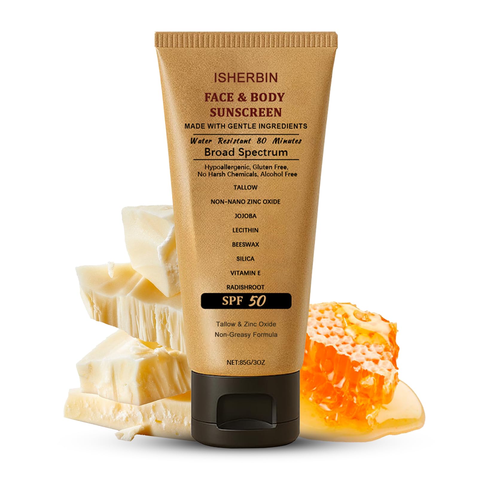 Beef Tallow Sunscreen with Zinc Oxide, Natural Mineral Sunscreen for Face, SPF50 Sunblock Beef Tallow for Skin Non Greasy Clean,
