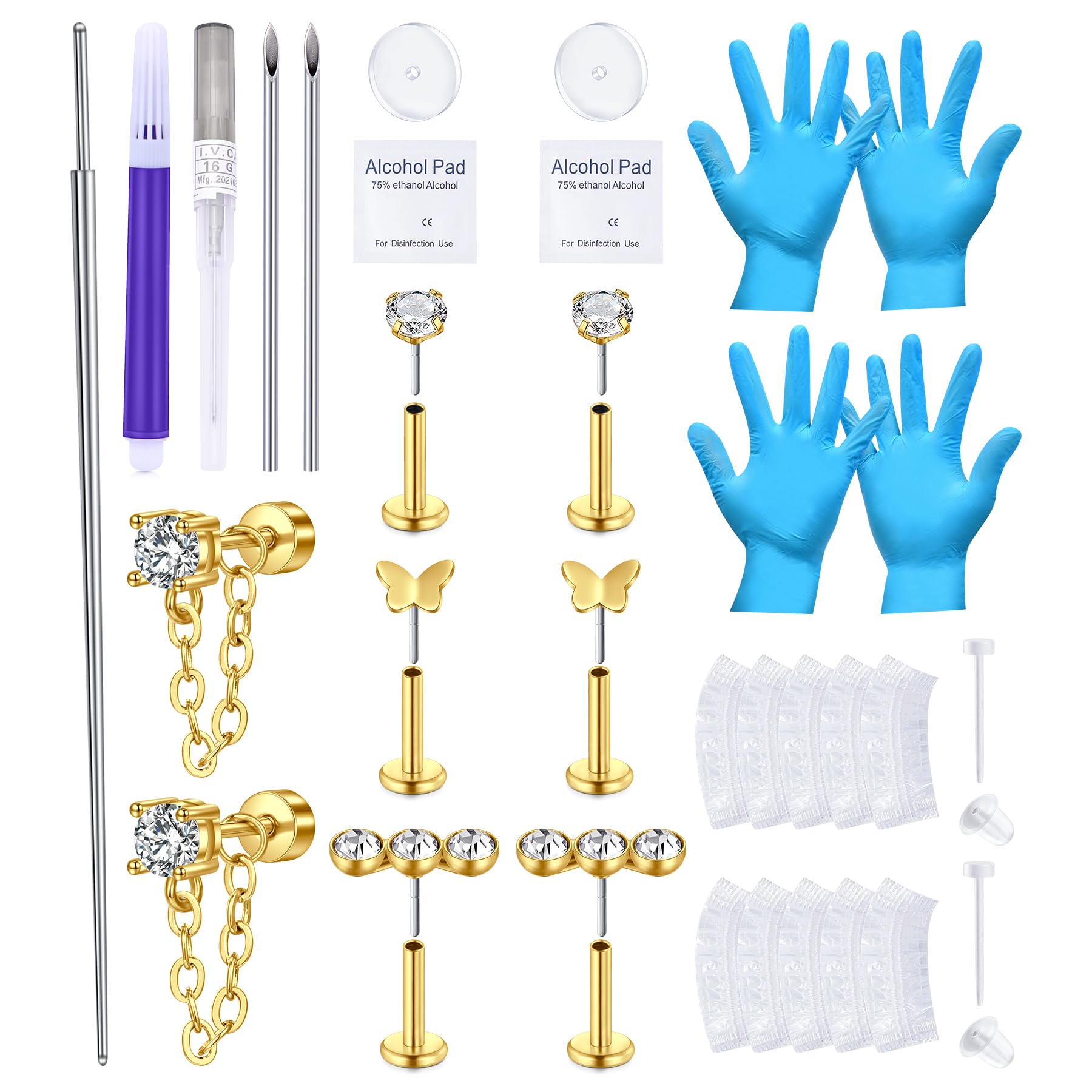 QWALIT Gold Ear Piercing Needle Kit - Self Piercing Earrings with Studs for Helix & Cartilage
