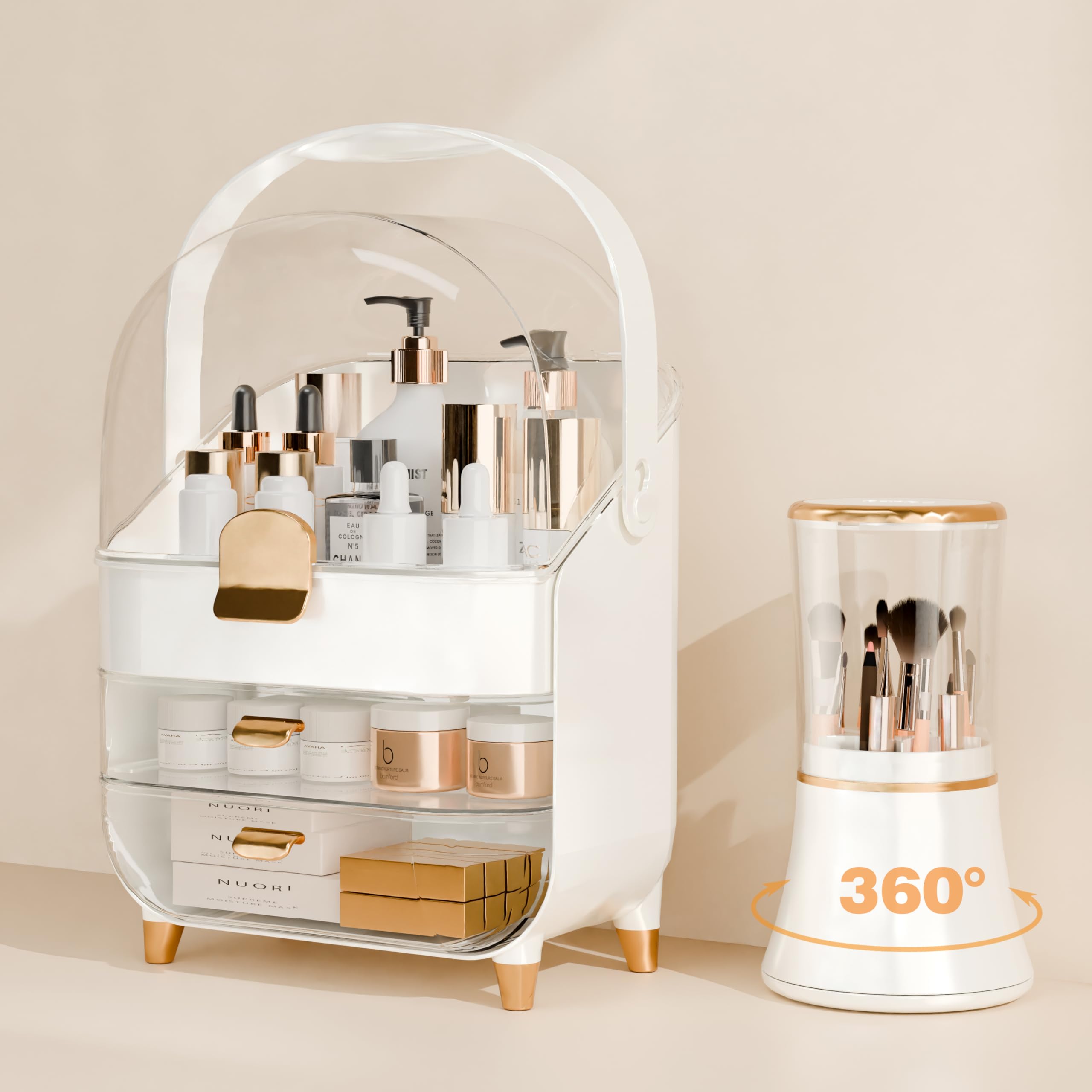 Makeup Organizer Countertop With Lid And Drawers Large Skin Care Cosmetic Display Case Holder for Vanity Desk Bathroom Storage B