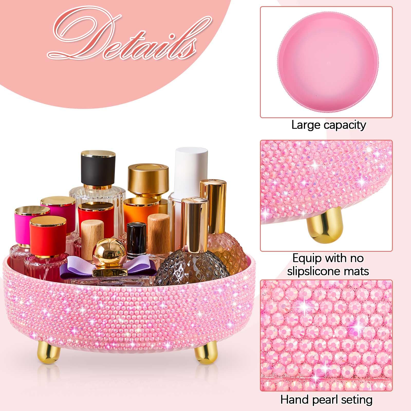 Honeydak Bling Perfume Makeup Organizer Rhinestone Bathroom Organizers and Storage 360 Rotating Makeup Organizer for Countertop