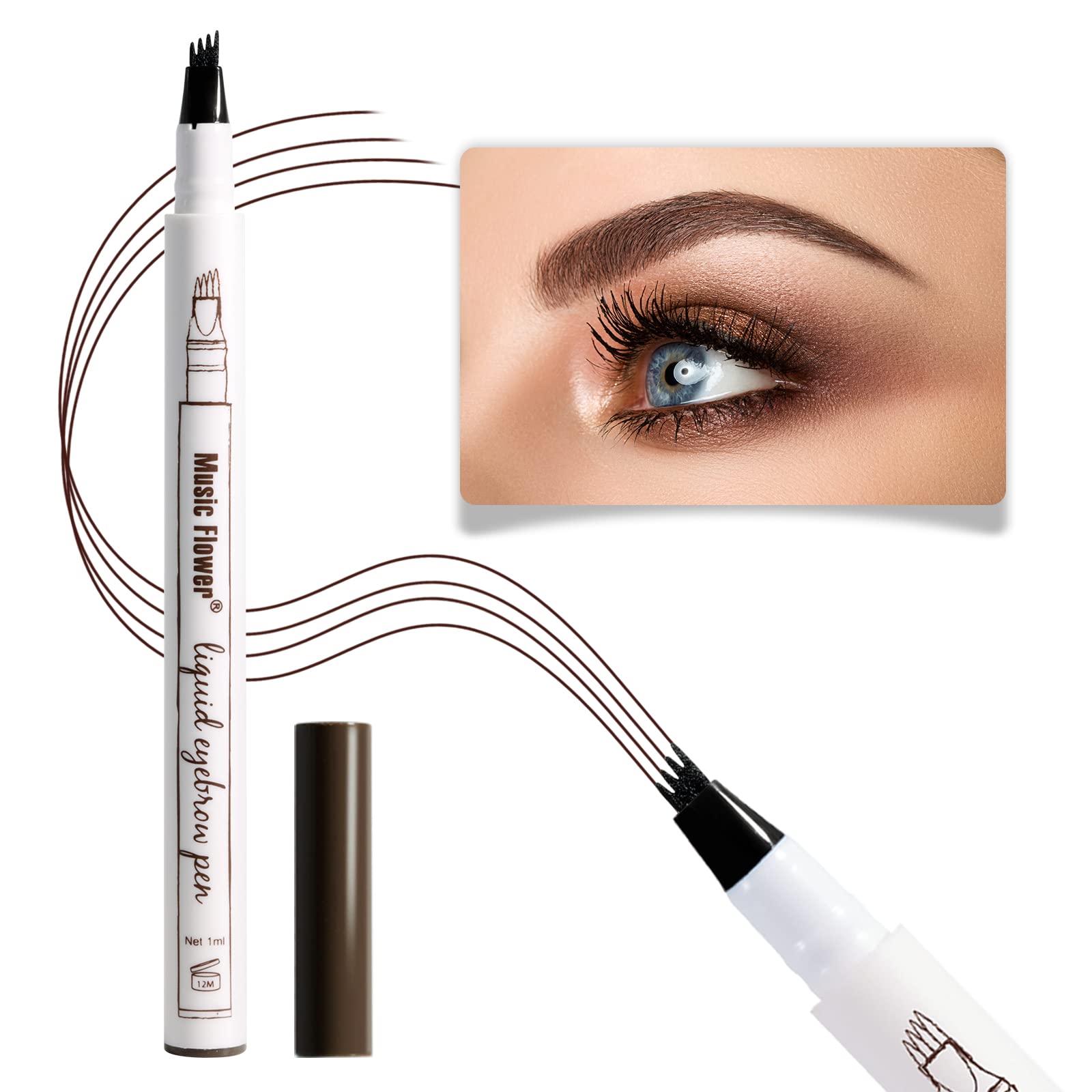 Music Flower Eyebrow Pencil, Liquid Eyebrow Pen, Waterproof Brow Pen With Micro-Fork Tip, Smudgeproof Long Lasting Fine Sketch M