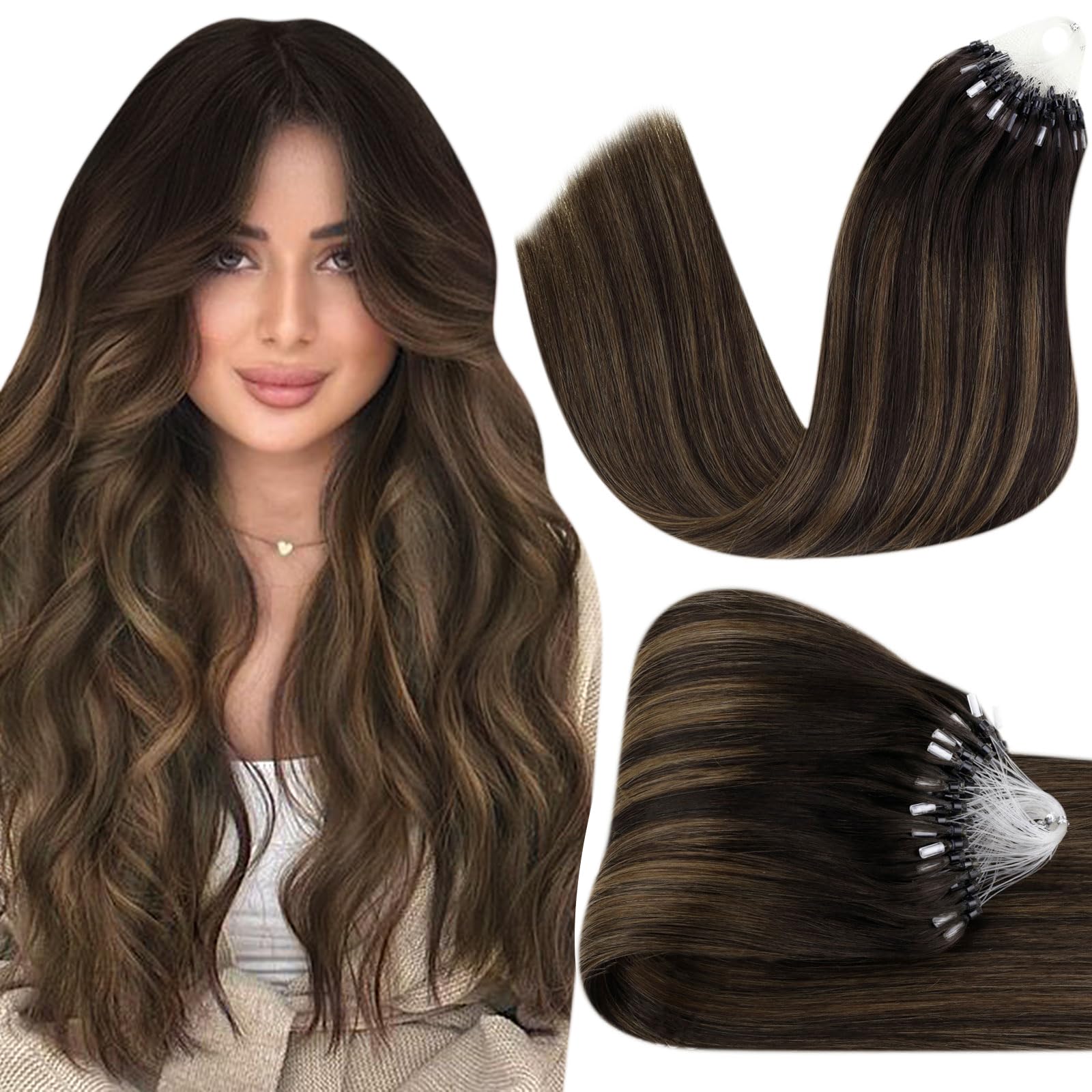 Hetto Micro Beads Hair Extensions Brown Balayage Microlink Hair Extensions Human Hair Micro Ring Extensions Remy Hair #2/8/2 Dar