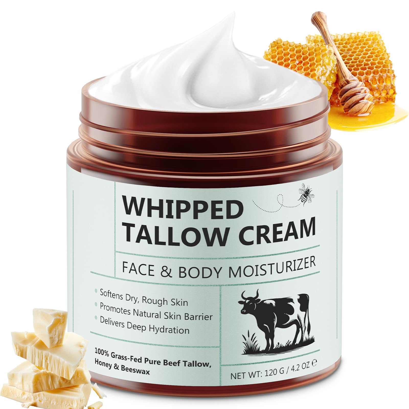 Liefiet Beef Tallow for Skin, Tallow and Honey Balm 4.2oz, Deep Nourishing Face and Body Moisturizers, Grass Fed Whipped Beef Ho