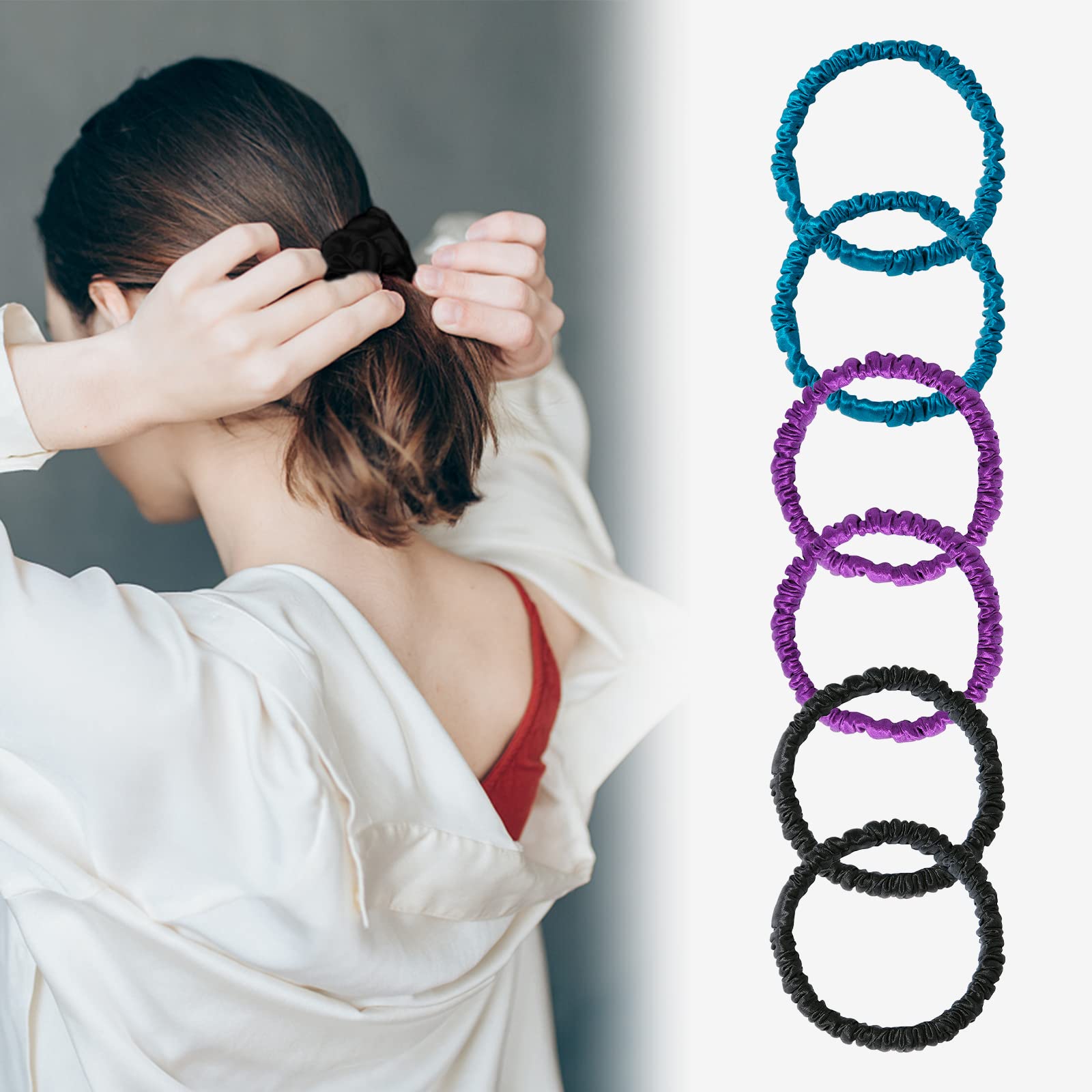 Sobonny 6 Set 100% Pure Mulberry Silk Hair-Friendly + Luxurious Elastic Skinny Scrunchies Travel Pouch Everyday Hair Ties Elasti