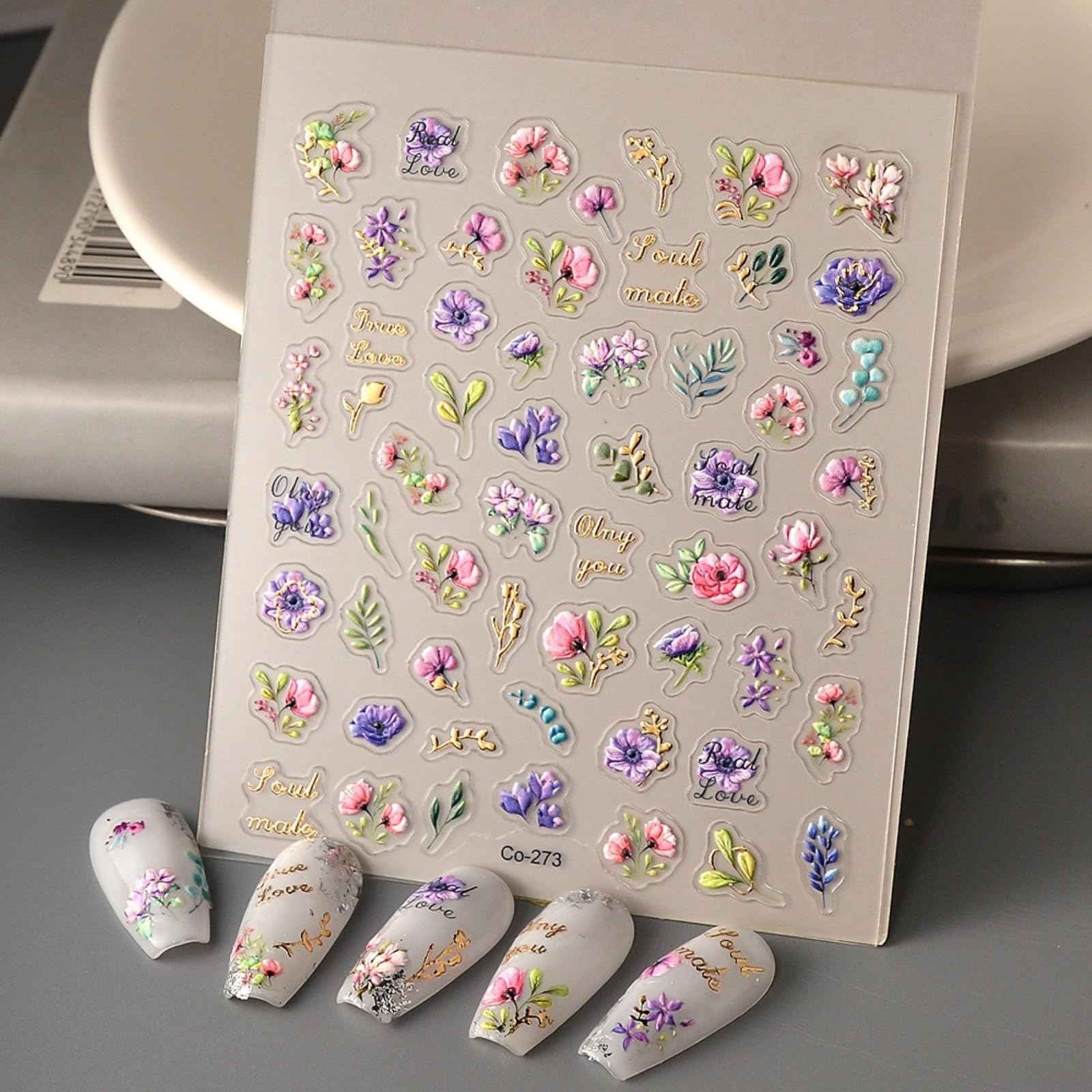 5D Embossed Flower Nail Art Stickers Floral Nail Stickers Flower Nail Decals Self-Adhesive with Leaf Designs Spring Summer Nail 