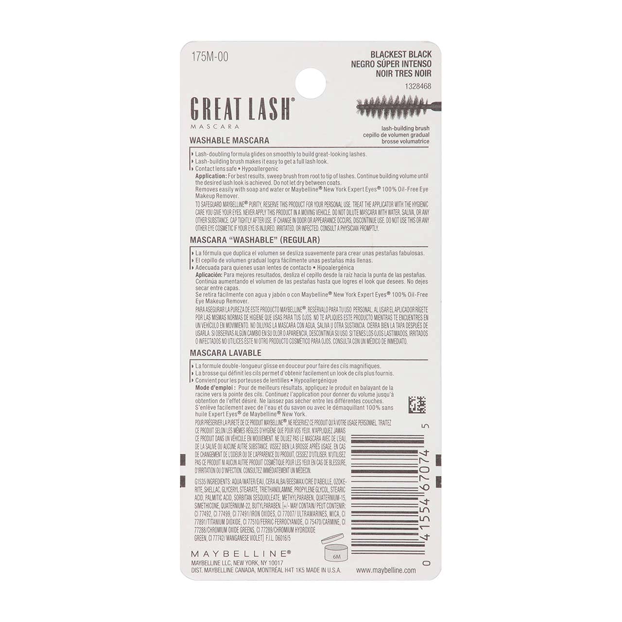 Maybelline Great Lash Washable Mascara, Blackest Black [100], 1 ea (Pack of 9)