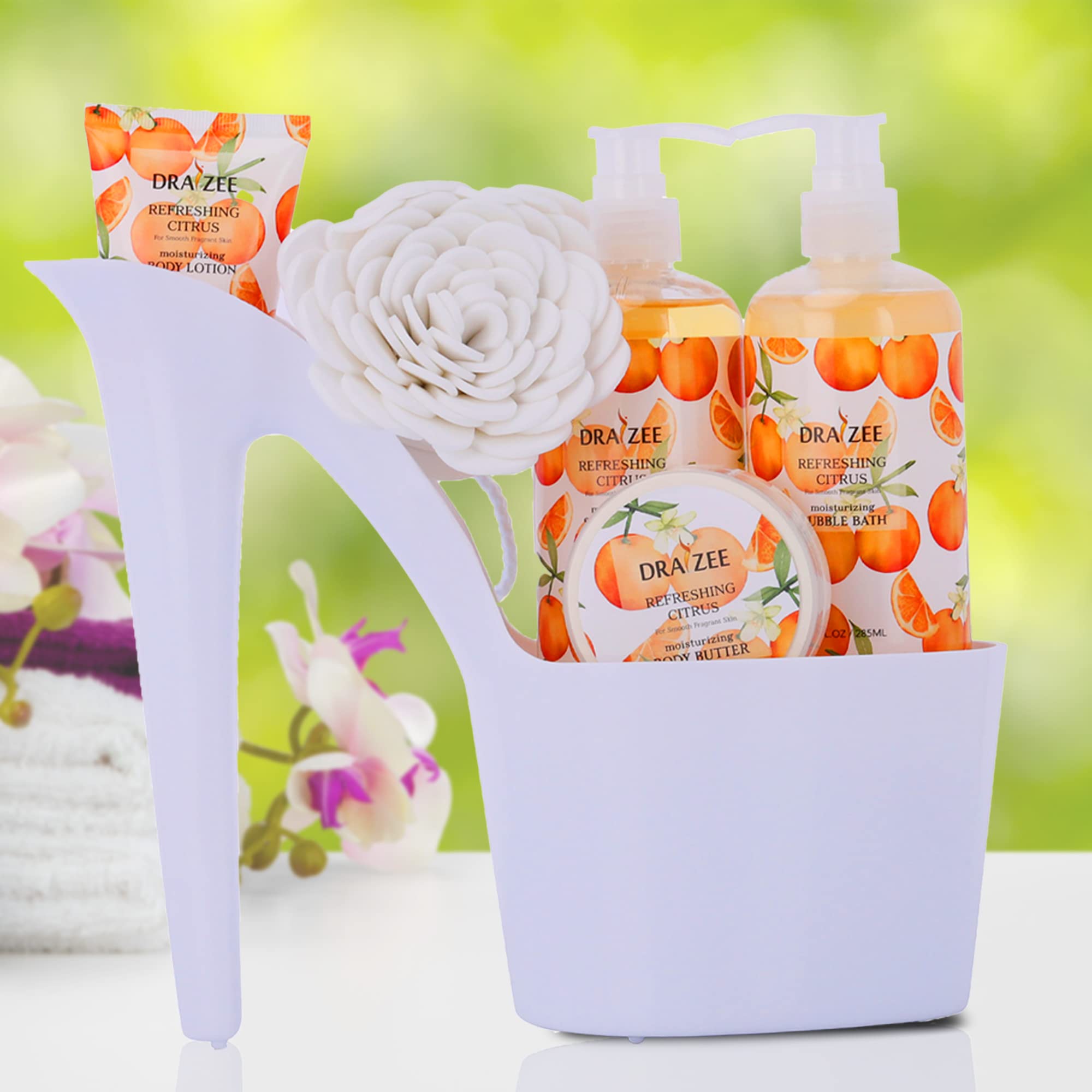 Spa Gift For Women - 5 Pcs Luxury Heel Shoe Spa Basket For Women Citrus Scented Home Relaxation Set W/ Body Lotion & Butter, Sho