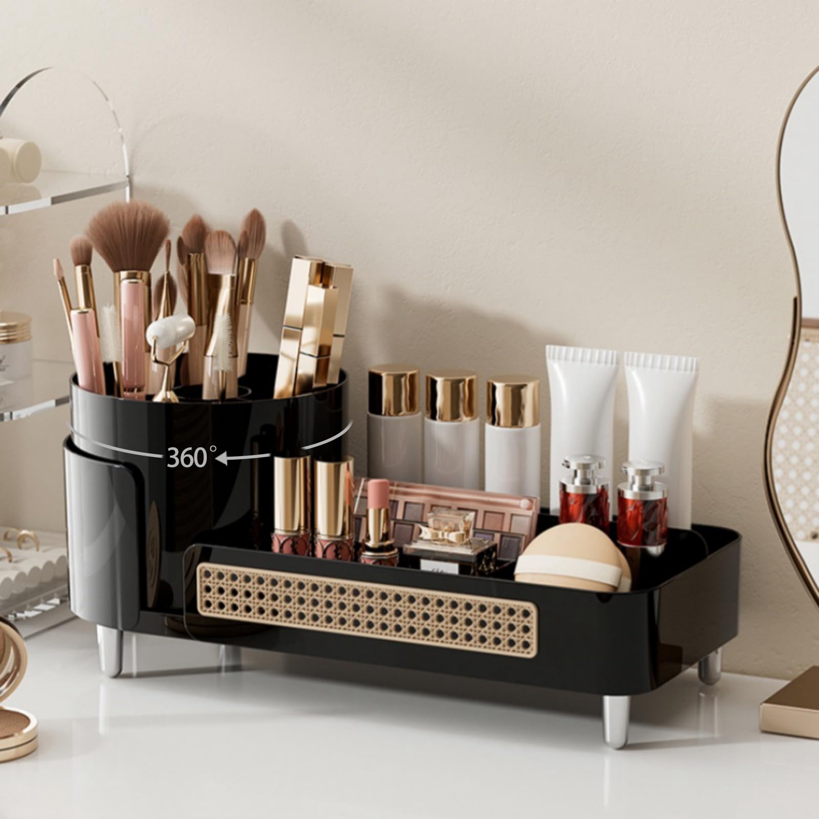 Rotating Makeup Organizer Countertop,Large Capacity Makeup Organizers For Vanity,2 In 1 Makeup Storage Organizer For Bathrooms,C