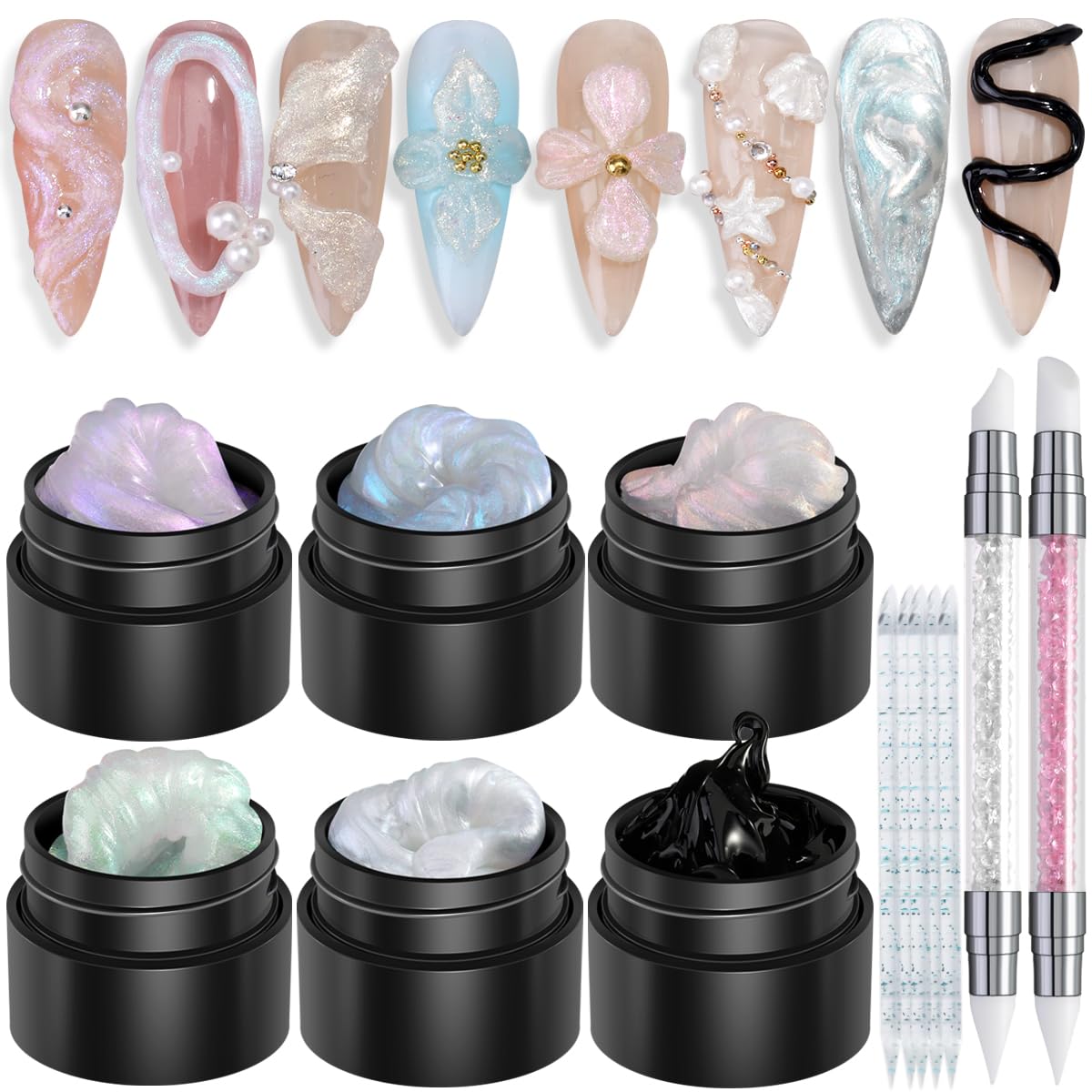 Fcozpjk Solid Builder Gel Kit - 6 Colors Non-Sticky Aurora Blue Pink Pearl White With Silicone Carving Pen for Nails, Hard 3D Sc