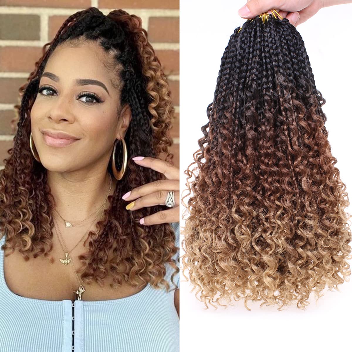 COOKOO 14 Inch 8 Packs Goddess Box Braids Crochet Hair for Women Synthetic Bohomian Hippie Box Braids Crochet Hair Pre Looped Wi