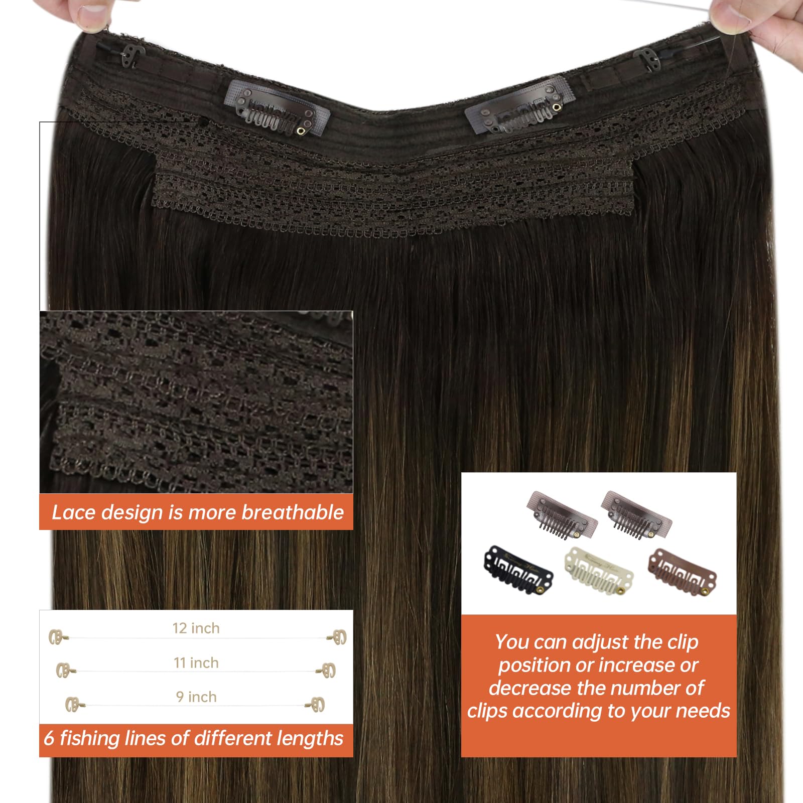 Sunny Wire Hair Extensions Real Human Hair Fish Line Human Hair Extensions Invisible Wire Extensions Darkest Brown Ombre Medium