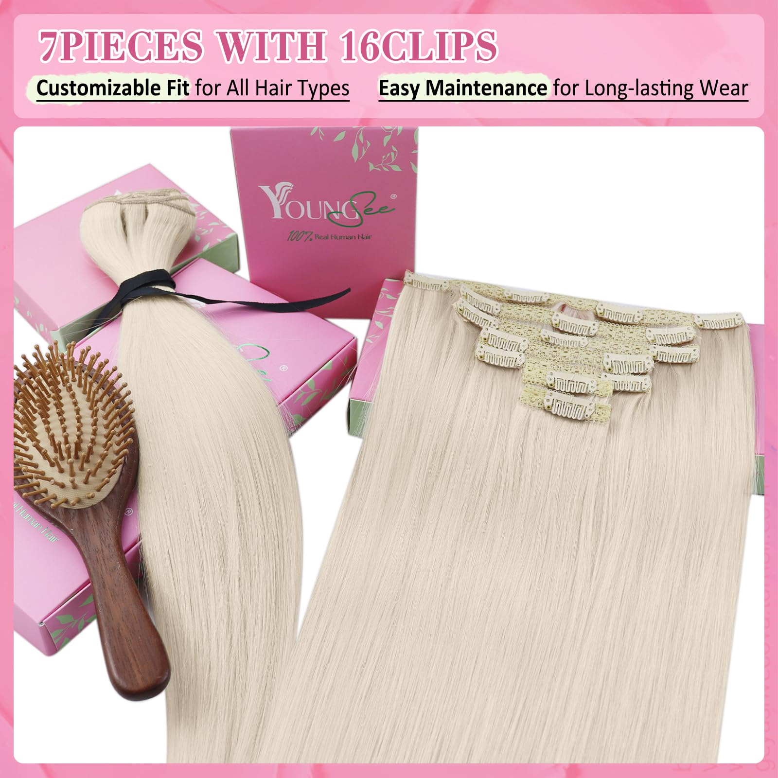 YoungSee 135G Clip in Hair Extensions Blonde Clip in Human Hair Extension Platinum Blonde Thick End Full Head Real Human Hair Ex