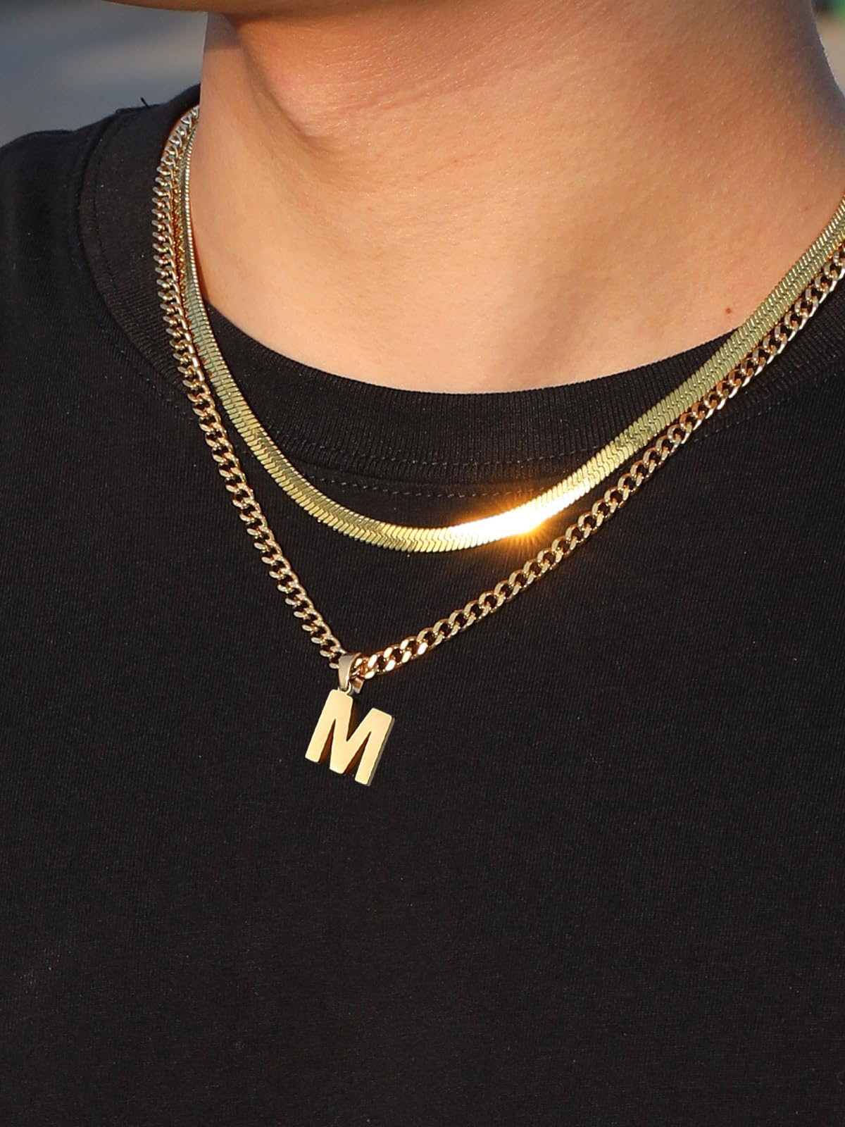 P.BLAKE Layered Initial U Pendant Necklace for Men, Stainless Steel Letter Cuban Link Herringbone Chain Jewelry Collar Cadenas P
