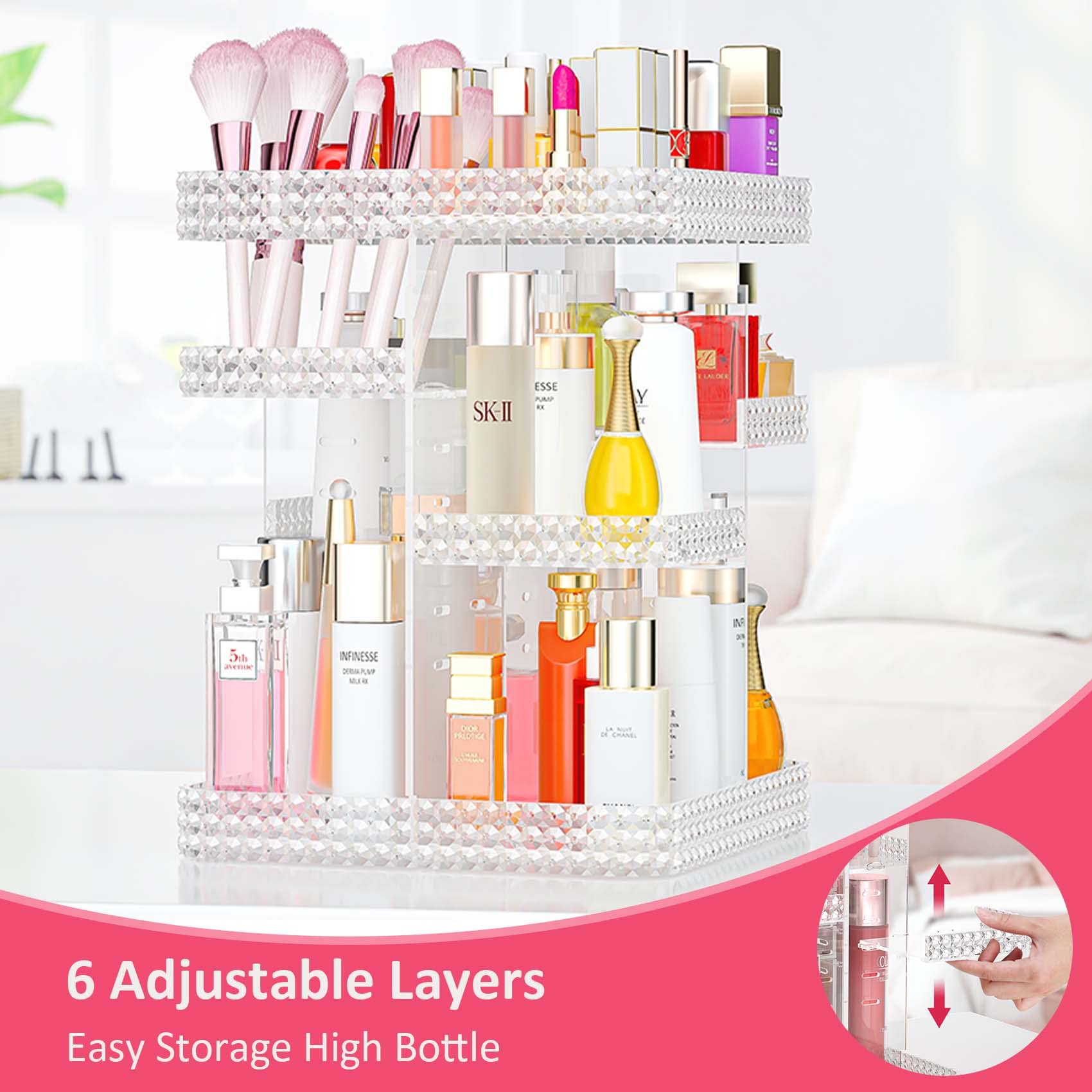 Bocony Rotating Makeup Organizer, Large Capacity Cosmetic Display Case, Acrylic Skincare Organizer With Makeup Brush, Makeup Sto