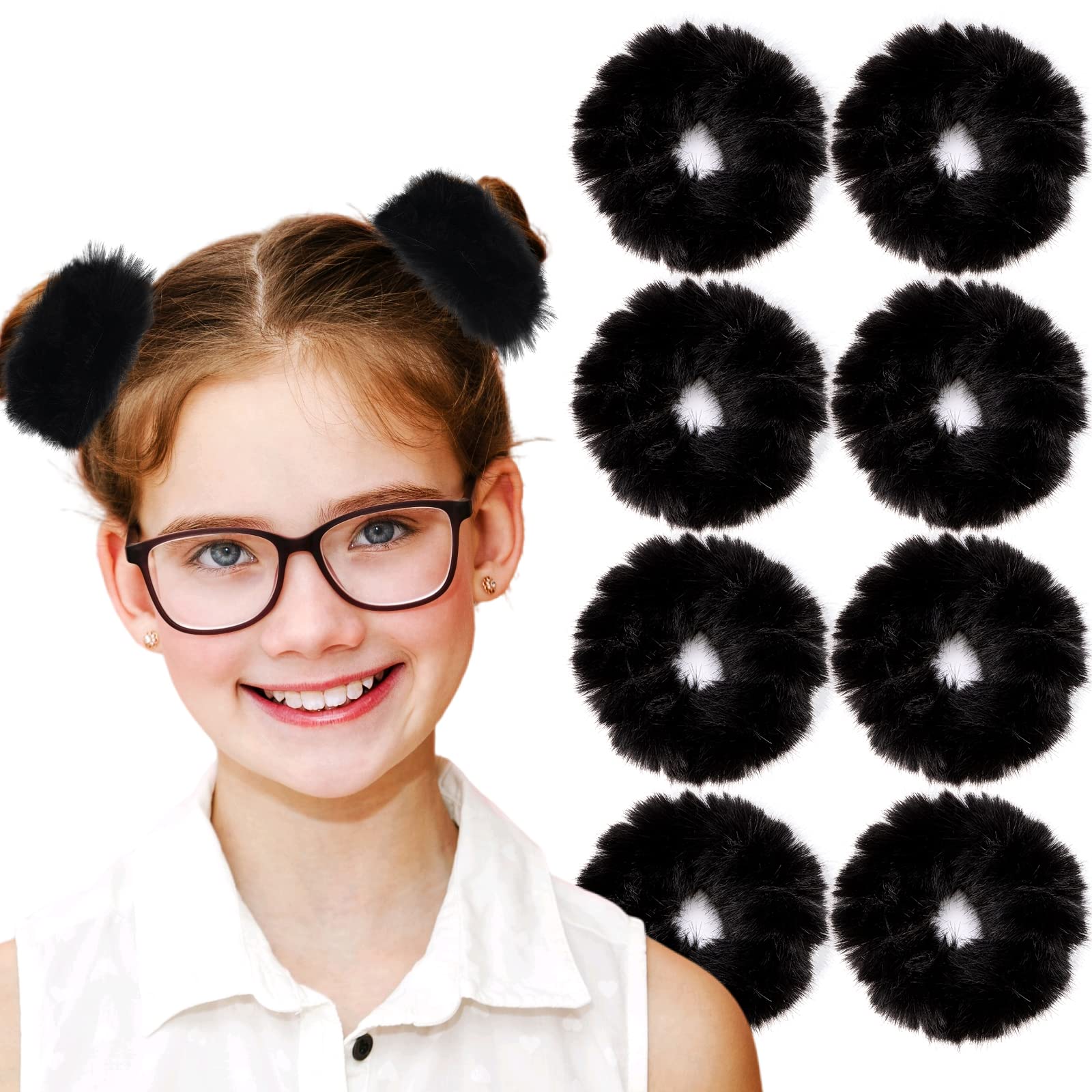 Fuzzy Scrunchies 8 PCS Black Hair Ties Cute Hair Bands with Faux Rabbit Fur Elastic Hair Ties Hair Bobbles Ponytail Holders Girl