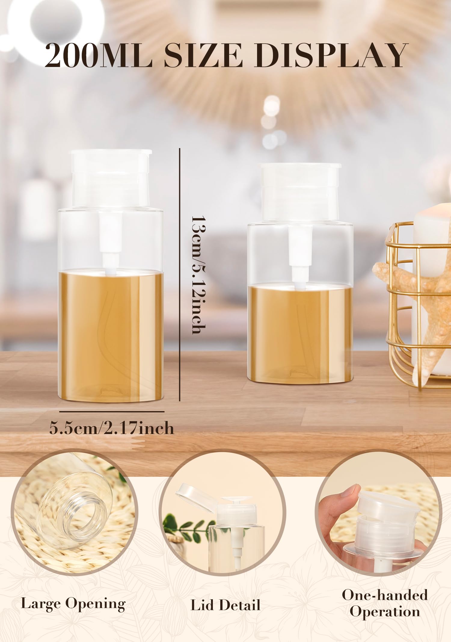 200Ml 3Pcs Push Down Pump Dispenser Empty Push Top Bottles Containers For Nail Polish Makeup Remover