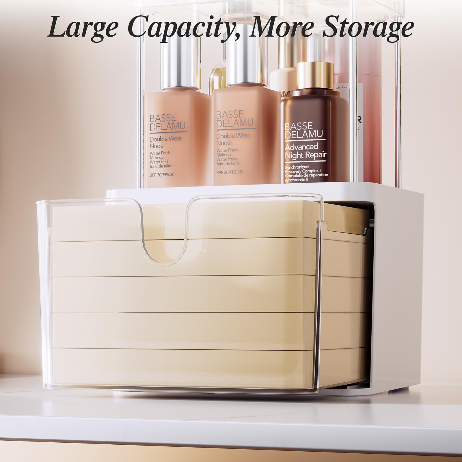 Delamu Bathroom Counter Organizer, 2-Tier Makeup Organizer For Vanity With Large Drawers, Skincare Organizer 6 Compartments For