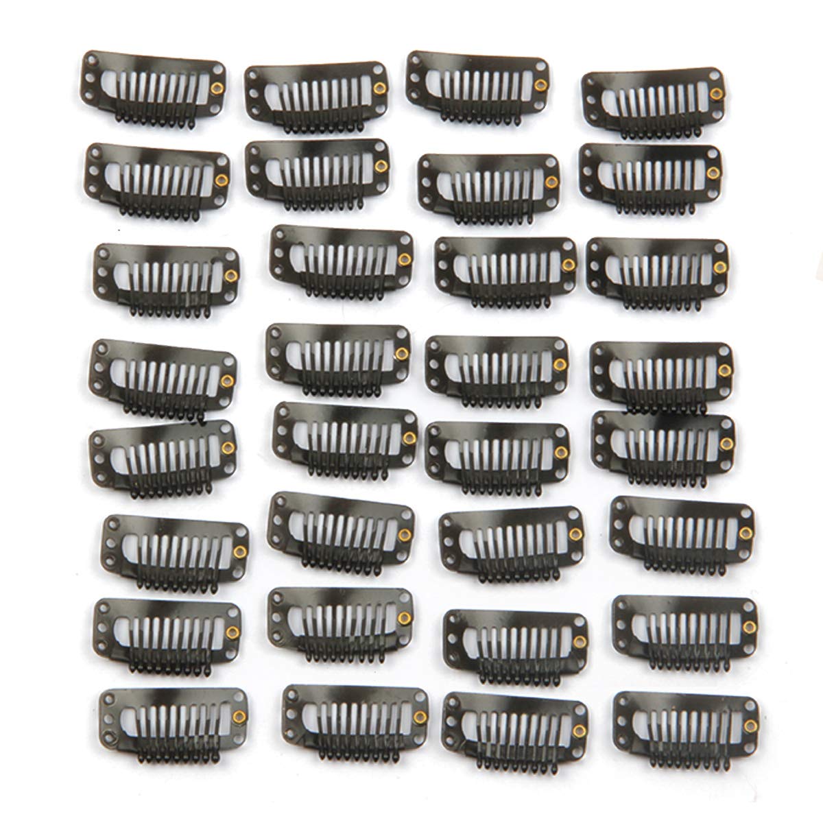 20pcs Metal Snap Clips for Hair Extensions DIY Clip in on Hair Extension Wigs 9 Teeth 32mm 1.2g/pc Black Brown Beige Color (Blac
