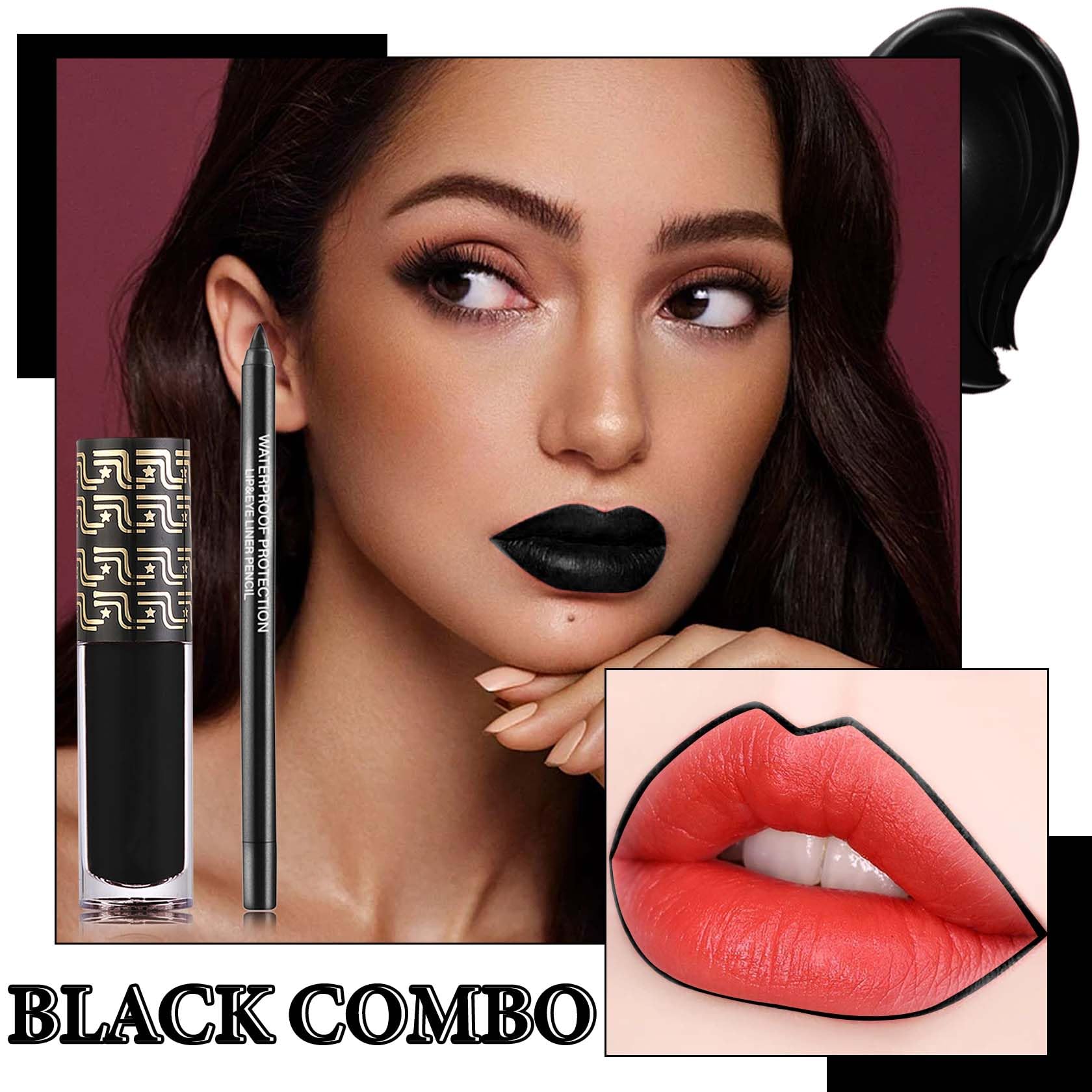Black Matte Lipstick,2 Pcs Black Matte Lip Liner And Liquid Lipstick Set,Waterproof Long Lasting Lip Gloss Stain,Matte Liquid Li