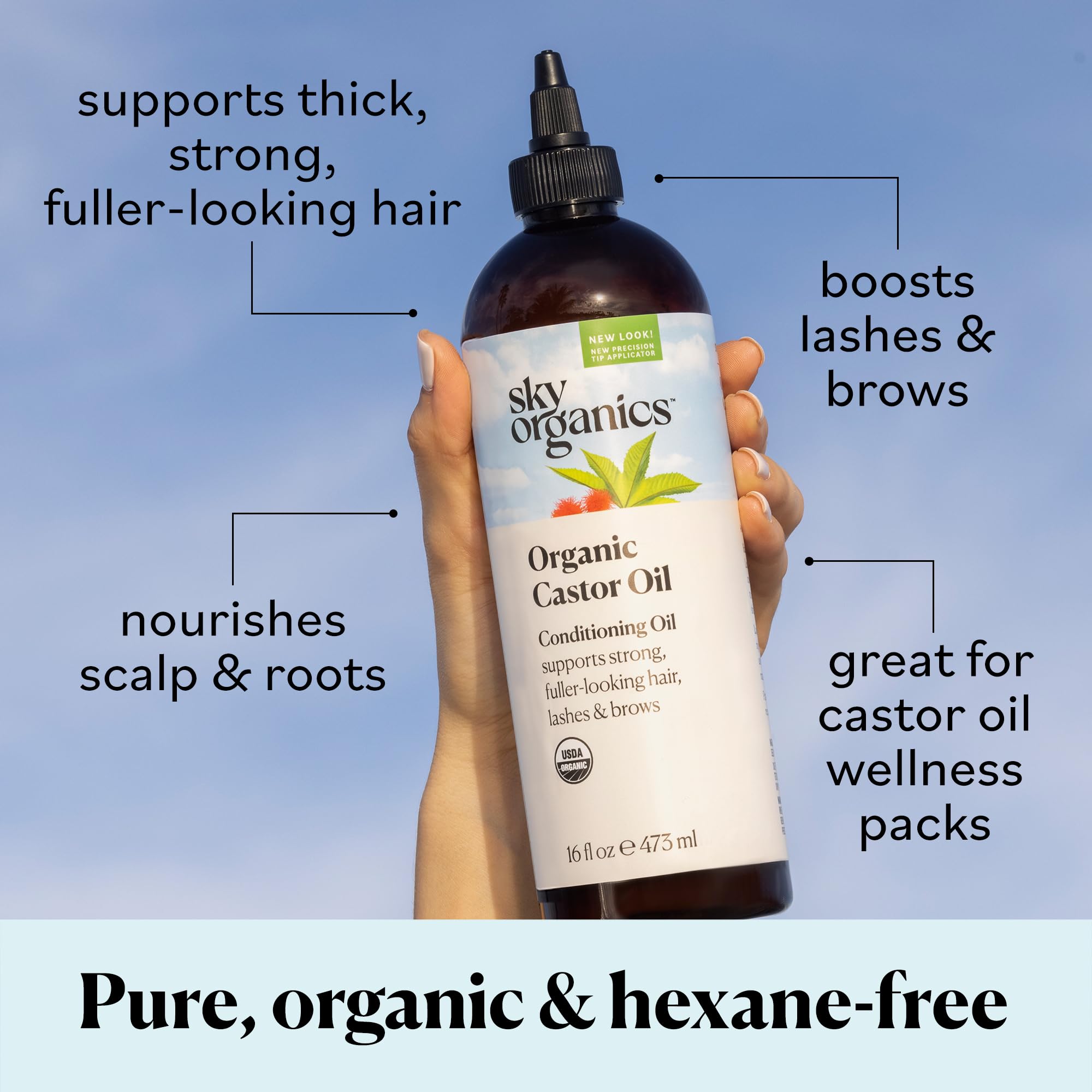 Sky Organics Organic Castor Oil for Hair, hexane free Lashes & Brows 100% Pure & Cold-Pressed USDA Certified Organic to Strength