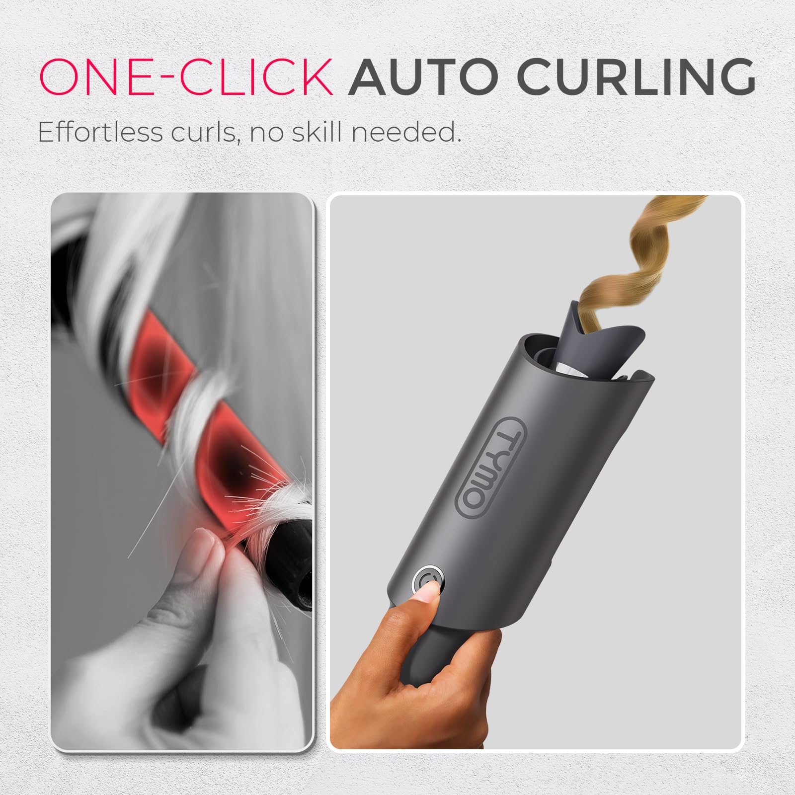 TYMO Automatic Rotating Curling Iron - 1 Inch Ceramic Beach Waves Wand, Metallic Gray, Model HC503, Dual Voltage, Lightweight for Travel
