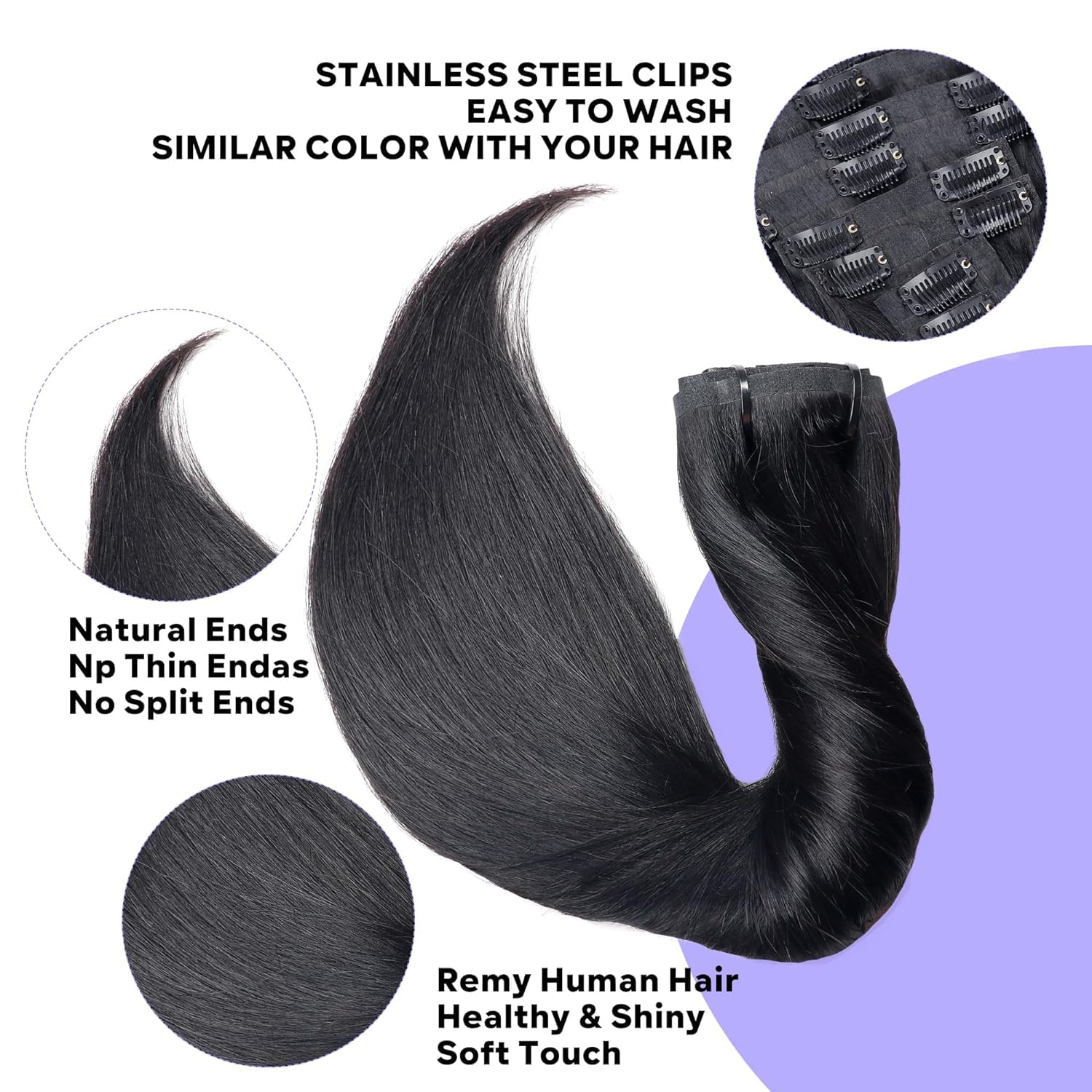 Pobokix Seamless Clip in Hair Extensions Real Human Hair Straight Brazilian Virgin Human Hair Clip in Extensions for Women 8Pcs