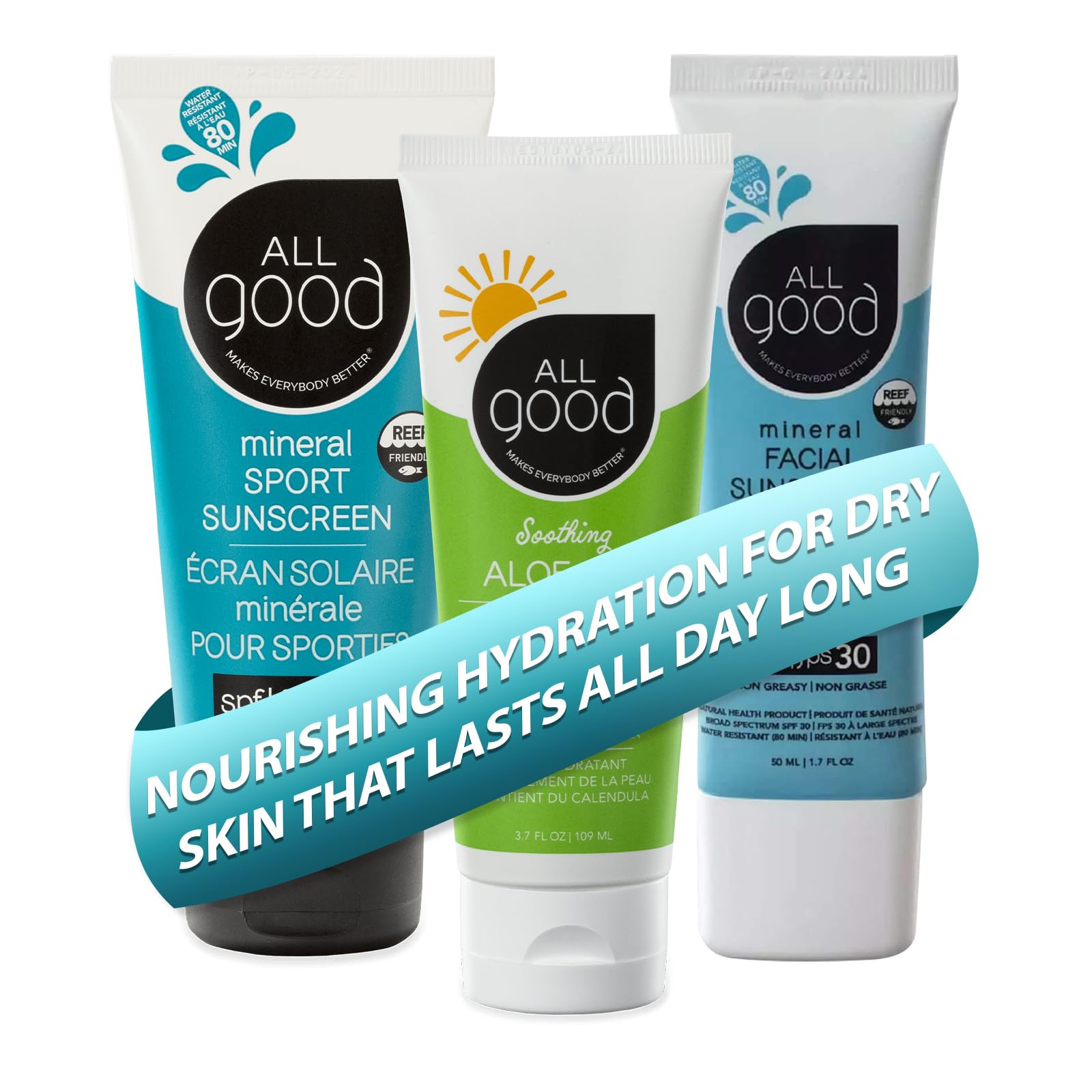 All Good Sport Mineral Sunscreen, Aloe Gel & Facial Sunscreen Bundle  UVA/UVB Broad Spectrum SPF 30+, Water Resistant  Include
