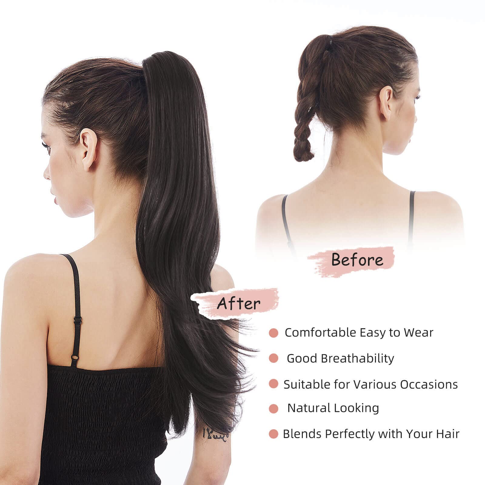 Heweicsy Ponytail Extension,Black Hair Extension Ponytail 22'' Long Claw Hair Extension Synthetic Wavy Straight Ponytail Clip In