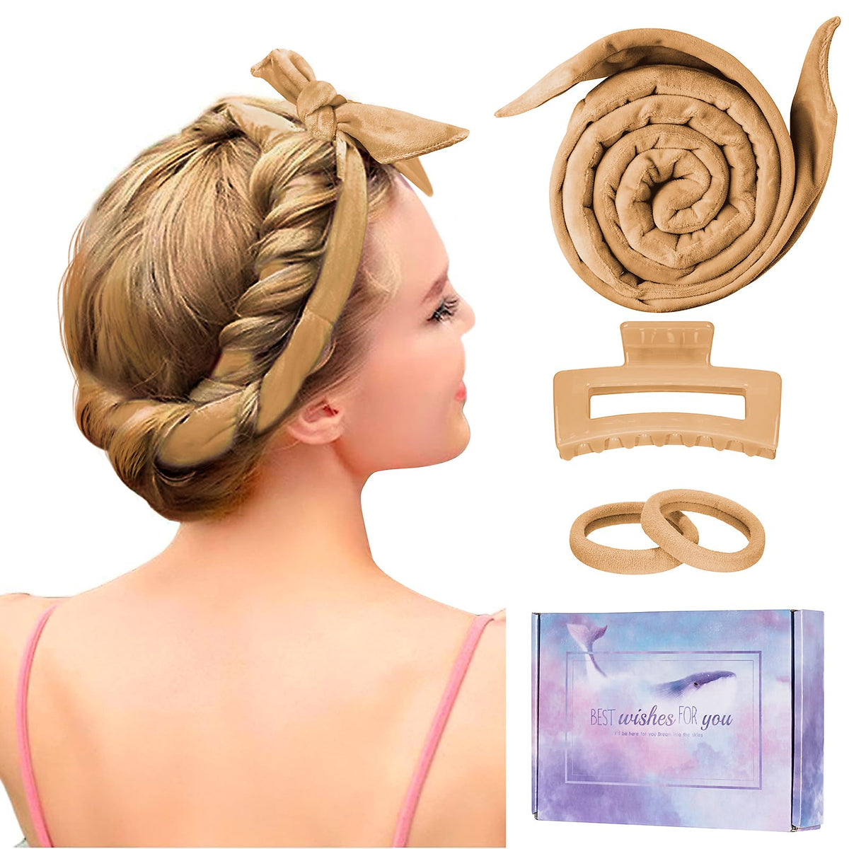 Heatless 60'' Extra Long Soft Hair Curlers to Sleep In, No Heat Curling Headband Hair Rollers (Khaki)