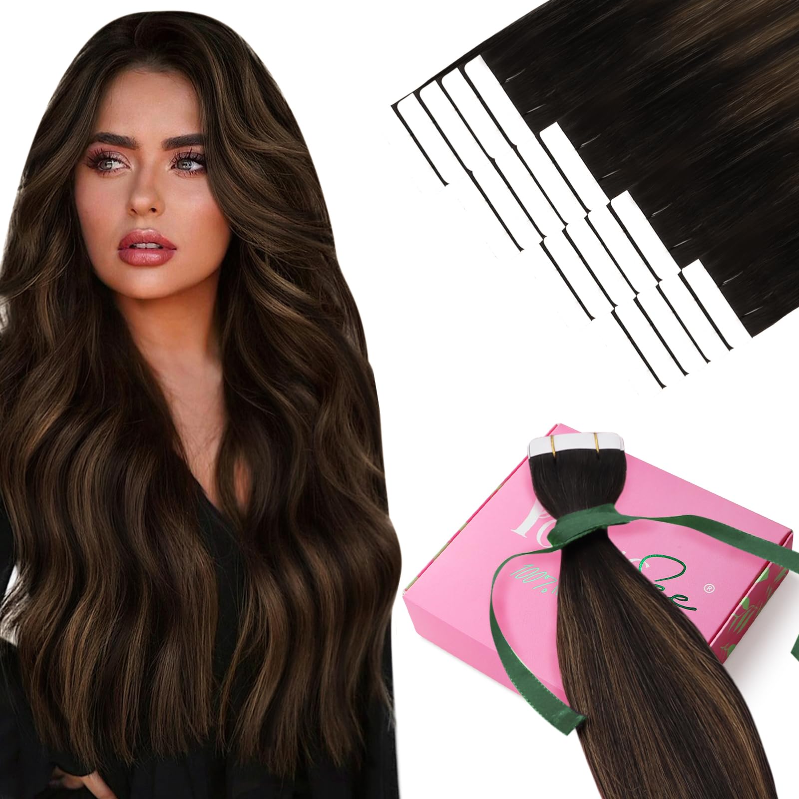 YoungSee Tape in Extensions Human Hair Balayage Tape in Hair Extensions Human Hair Dark Brown Ombre Brown Tape ins Human Hair Ex