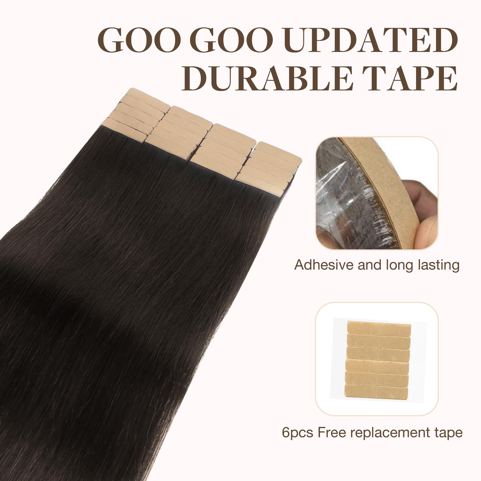 Goo Goo Tape In Hair Extensions Human Hair, 2A Light Brown, 26Inch 60G 20Pcs, Thick Ends Straight Seamless Tape In, Invisible Ta