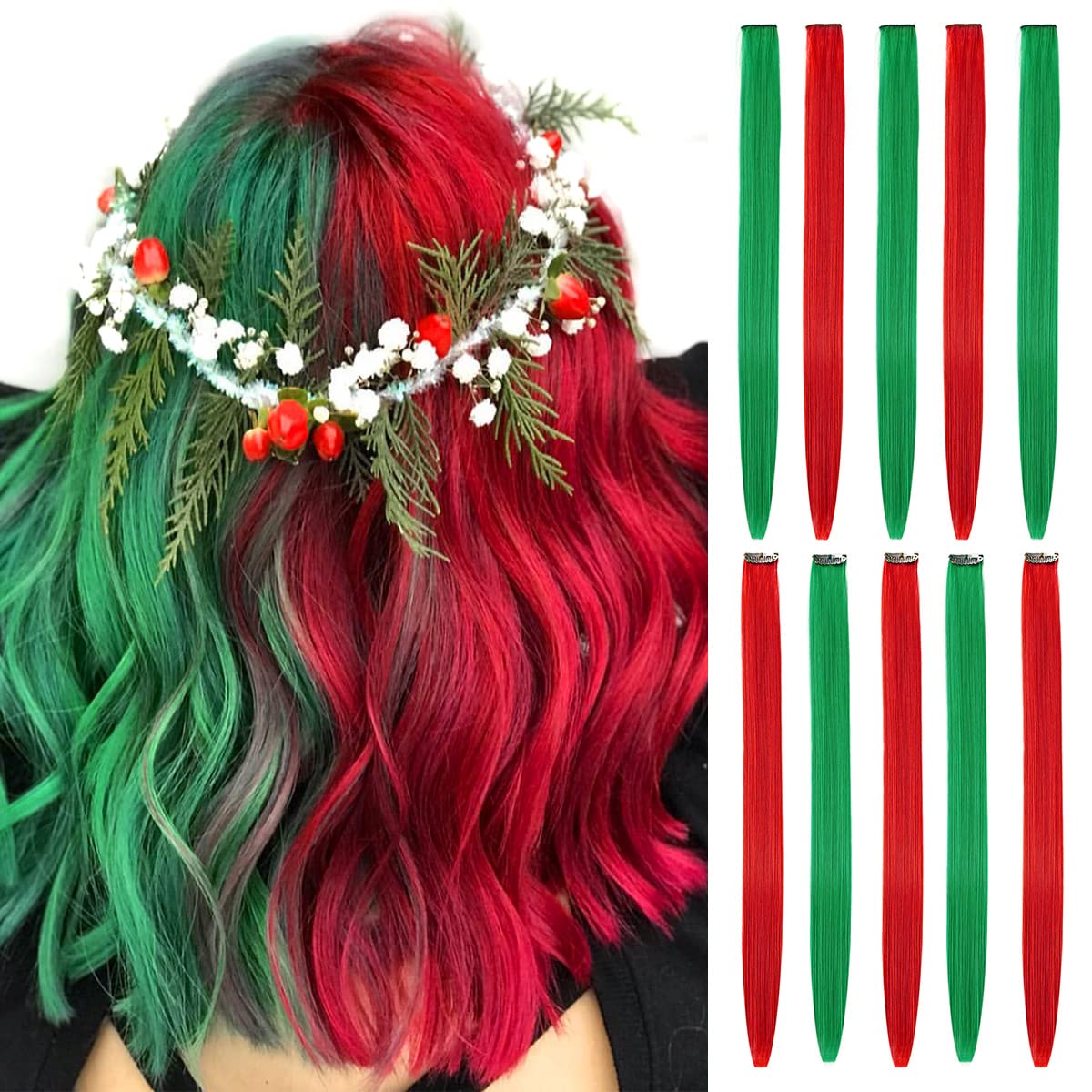 BHF Green Red Hair Extensions Clip in Halloween Hair Accessories for Kids Girls Women Bright Vibrant Neon Hair Extensions Fairy 
