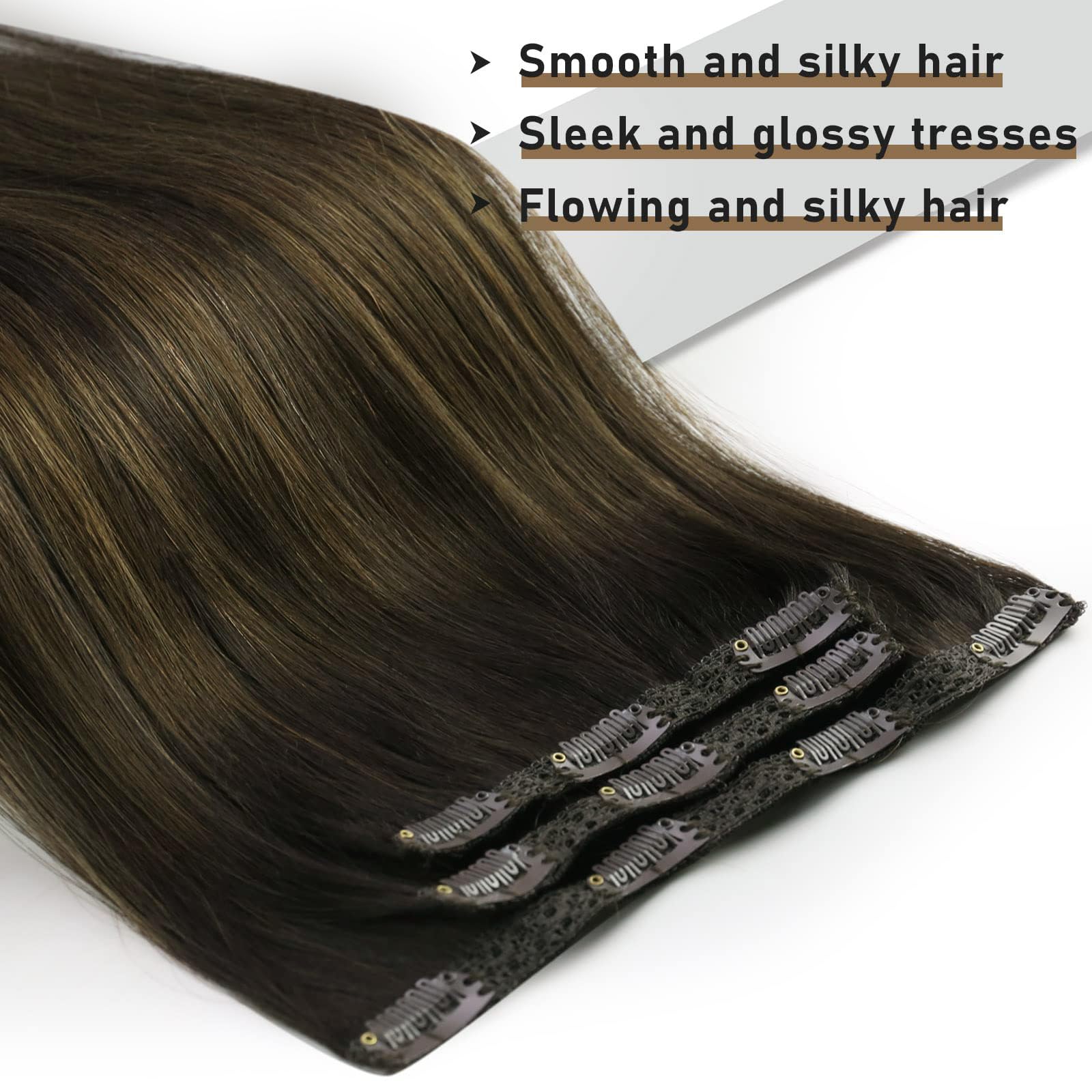 Sunny Straight Clip In Hair Extensions Real Human Hair 3Pcs Lace Clip In Human Hair Extensions Dark Brown Mix Medium Brown Balay