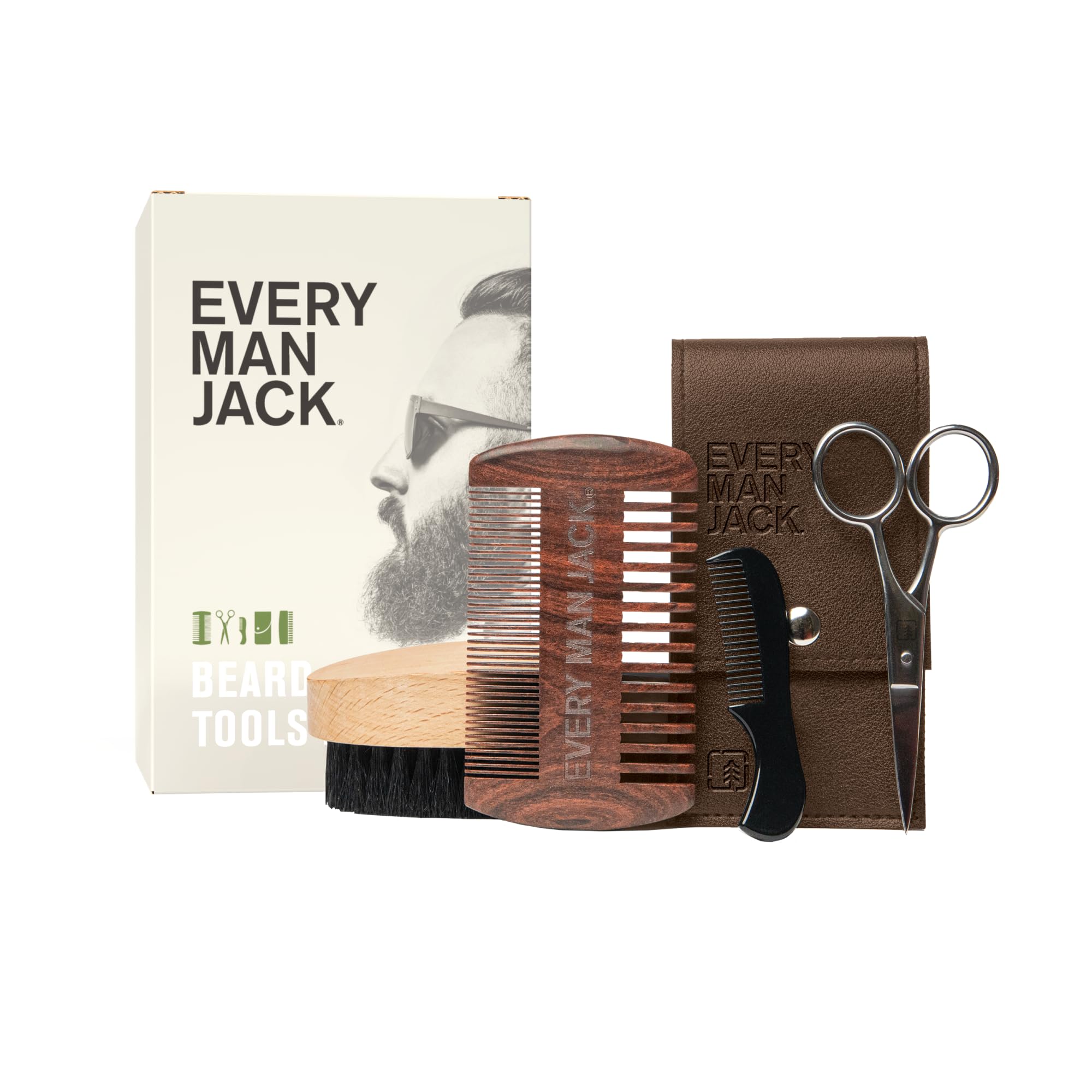 Every Man Jack Beard Grooming Set  Dual Tooth Comb, Medium Stiffness Brush, Stainless Steel Scissors with Mini Comb  Complete 