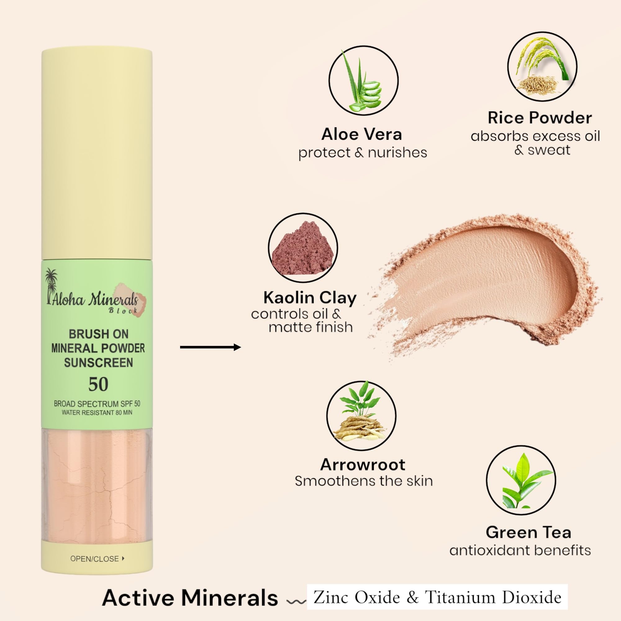 Solar Swipe, Aloha Minerals Block Brush-On Mineral Powder Sunscreen For Face, SPF 50, Water Resistant, Broad Spectrum, Natural M