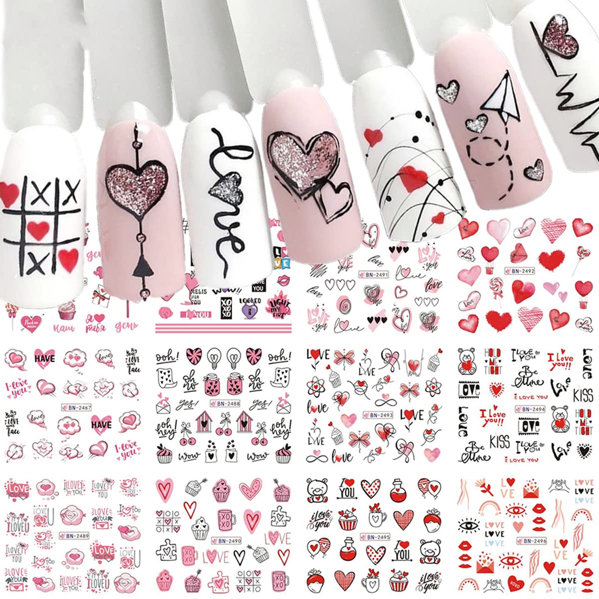 Valentine'S Day Nail Stickers Pink Heart Nail Decals I Love You Letters Water Decal Tattoos Manicure Foils Cartoon Animals Cute
