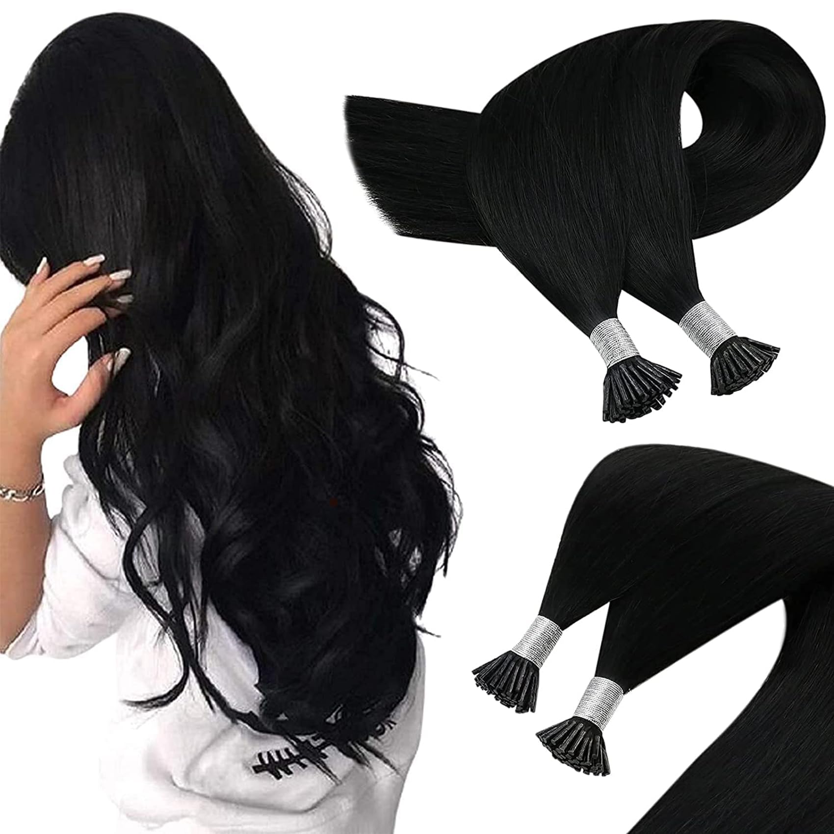 Sunny I Tip Hair Extensions 50S I Tips Real Hair Extension Pre Bonded Itips Human Hair Extensions Black Itip Remy Hair Extension