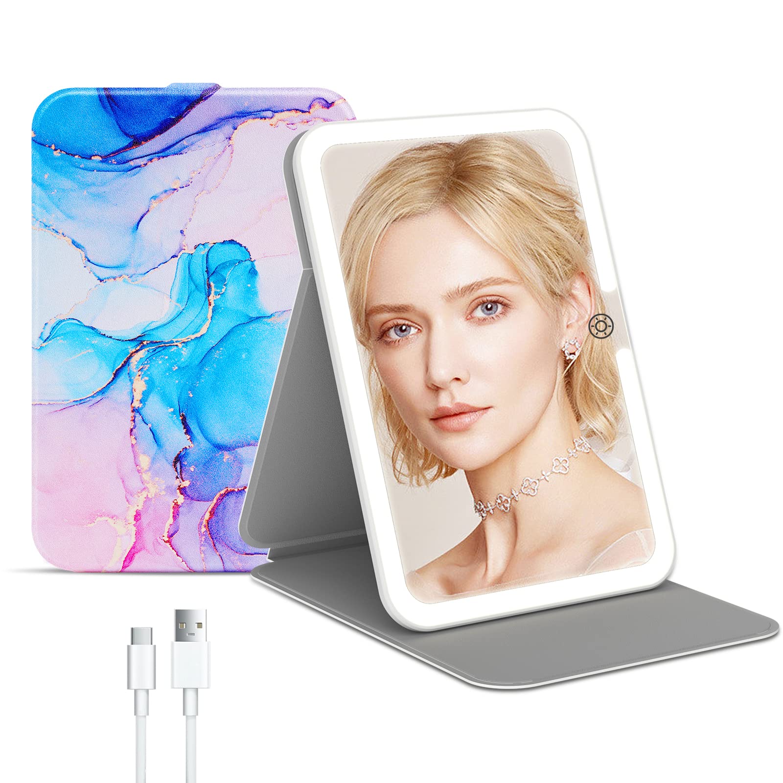 Rechargeable Travel Lighted Makeup Mirror with PU Leather Cover, Portable Travel Makeup Mirror with lights, 3 Color Lighting,Tou