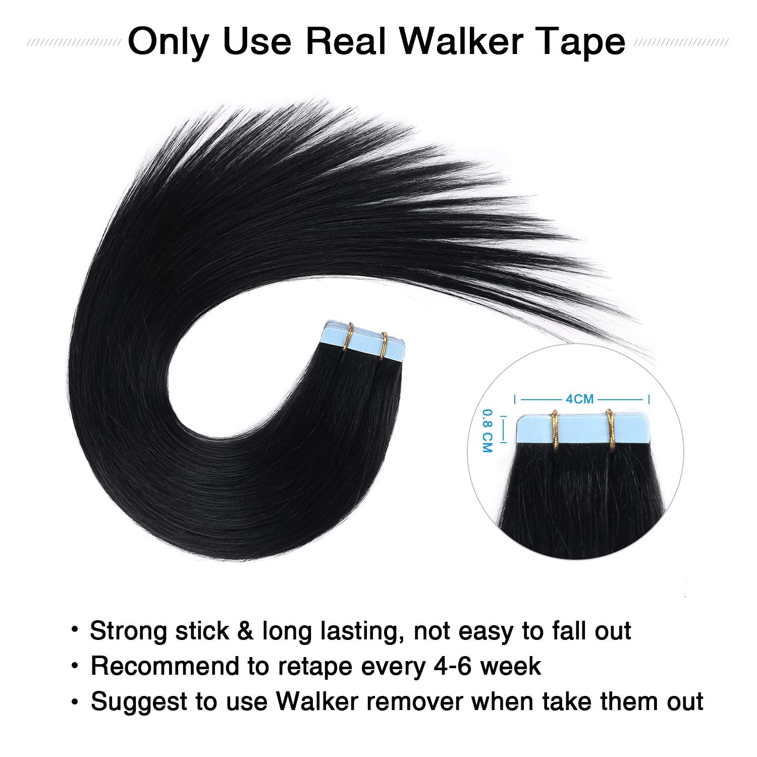 Suyya Tape In Hair Extensions Jet Black 100% Remy Human 20 Inches 20Pcs 50G/Pack Straight Seamless Skin Weft Hair(20 #1 Black)