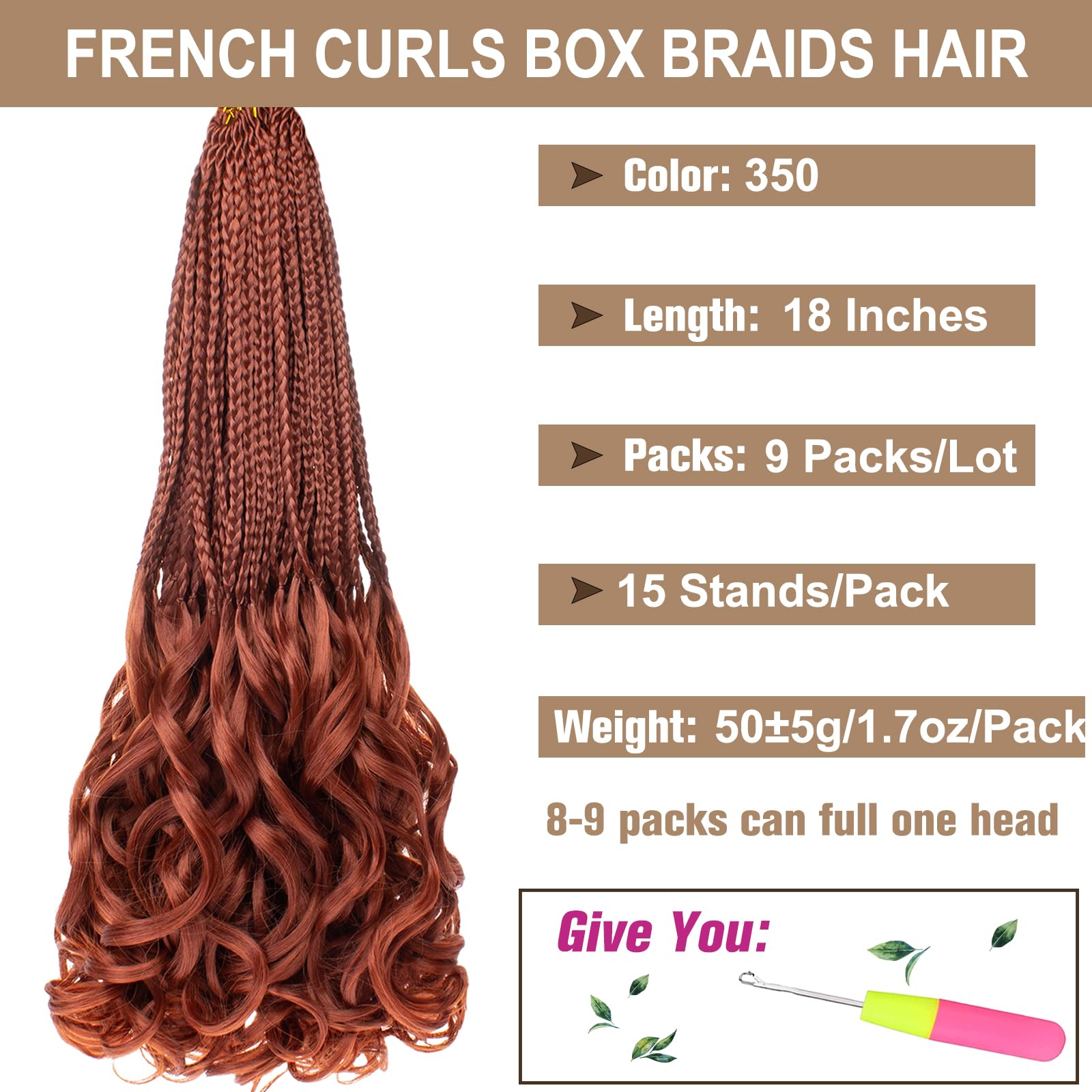 COOKOO 9 Packs Copper Red French Curl Crochet Braids 18 Inch Pre Looped French Curly Braiding Hair Ginger for Women Box Braids C