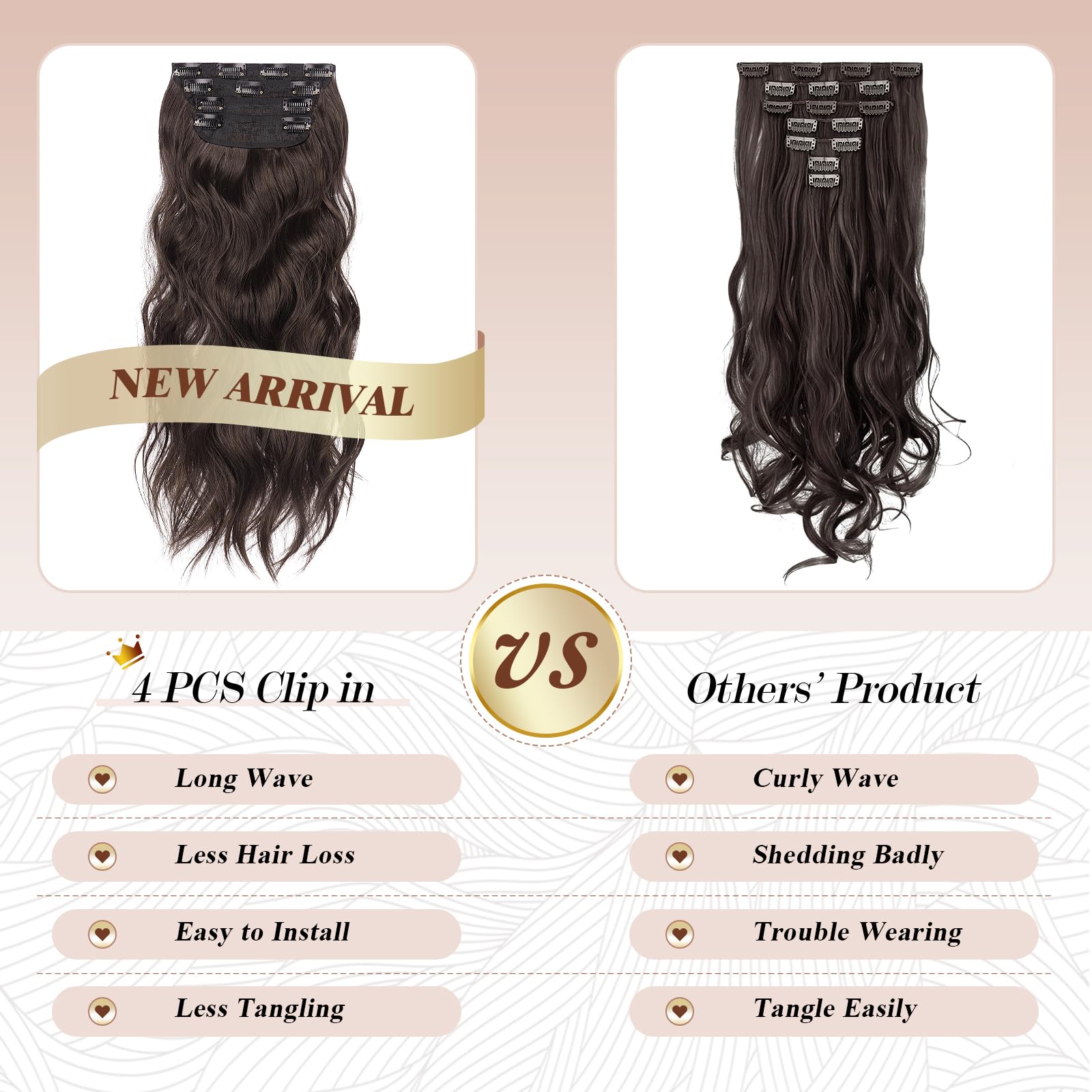 FESHFEN Clip in Hair Extensions 4 PCS Chocolate Brown with Dark Brown Thick Highlighted Hairpieces Long Wavy Clip in Hair Piece