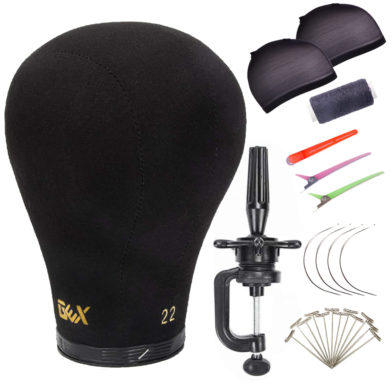 GEX 20''-24'' Canvas Cork Wig Block Mannequin Head for Wig Making Drying Styling Display with Table C Clamp Stand Holder (Black
