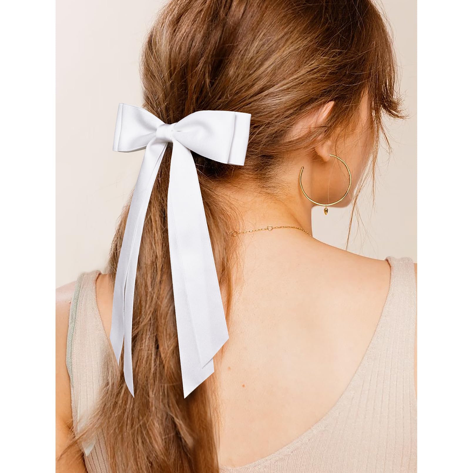 2Pcs Silky Satin Hair Bows Hair Clip Pink White Hair Ribbon Ponytail Holder Accessories Slides Metal Clips Hair Bow For Women Gi