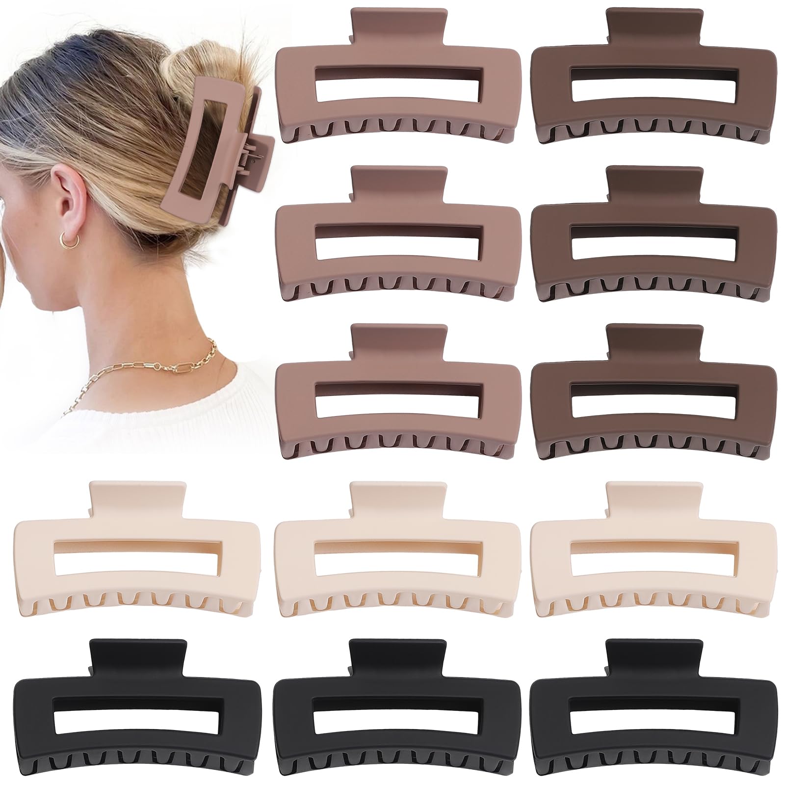 Sisiaipu 12 Pcs Large Hair Claw Clips for Thick Hair, 4.1 x 2.1 x 1.2 Inch, Square Hair Clips Jumbo Jaw Clips, Bulk Hair Accesso