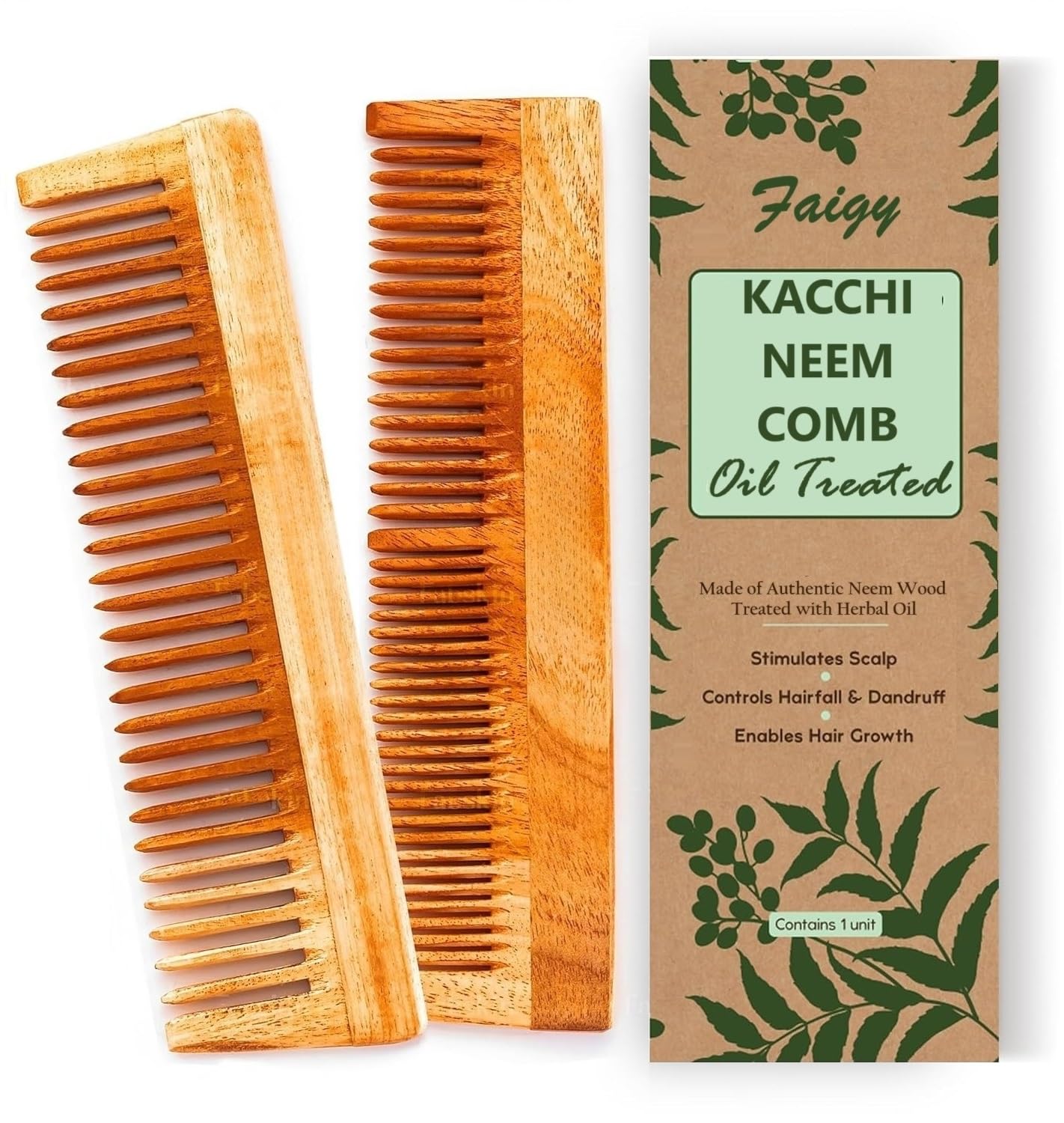 Faigy Pack Of 2 Kacchi Neem Comb - Soaked In 17 Herbs, Neem & Sesame Oil For Multi-Actions - Detangling, Frizz Control & Shine,S
