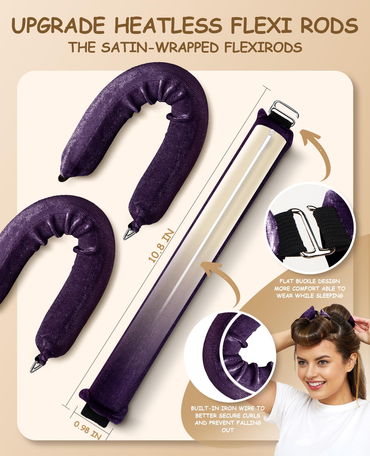 BLAAROOM Overnight Heatless Hair Curler, Jumbo Satin Velvet Flexi Rods, 3pcs, Purple